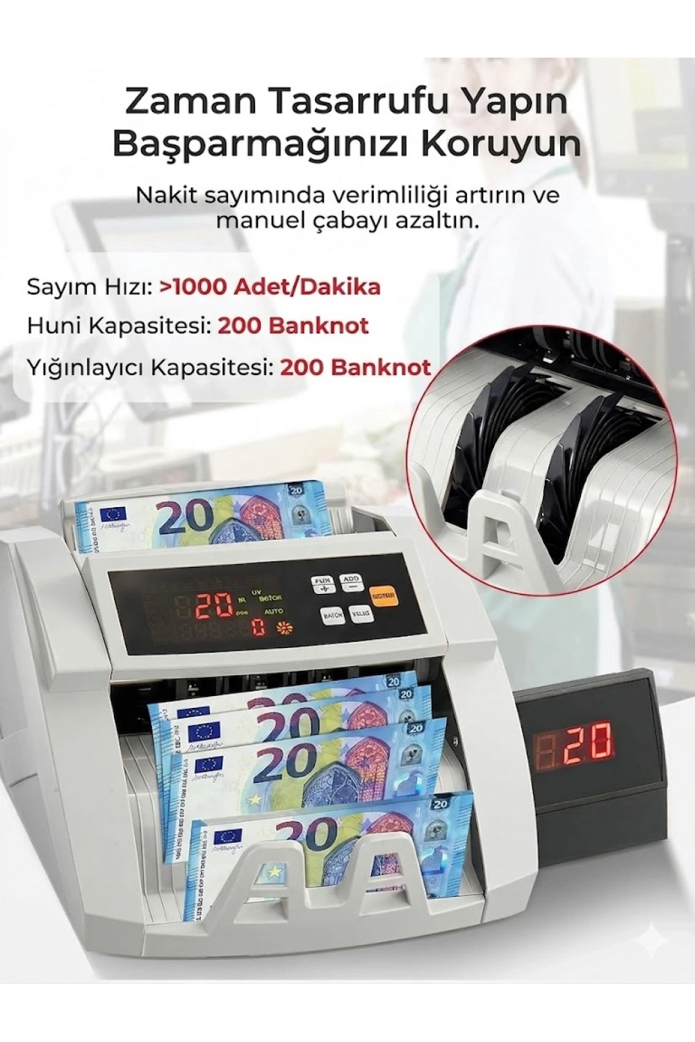 Egonex TL, USD, EUR Kaışık Para Sayma Makinesi Geçersiz Para Tespit Özellikli