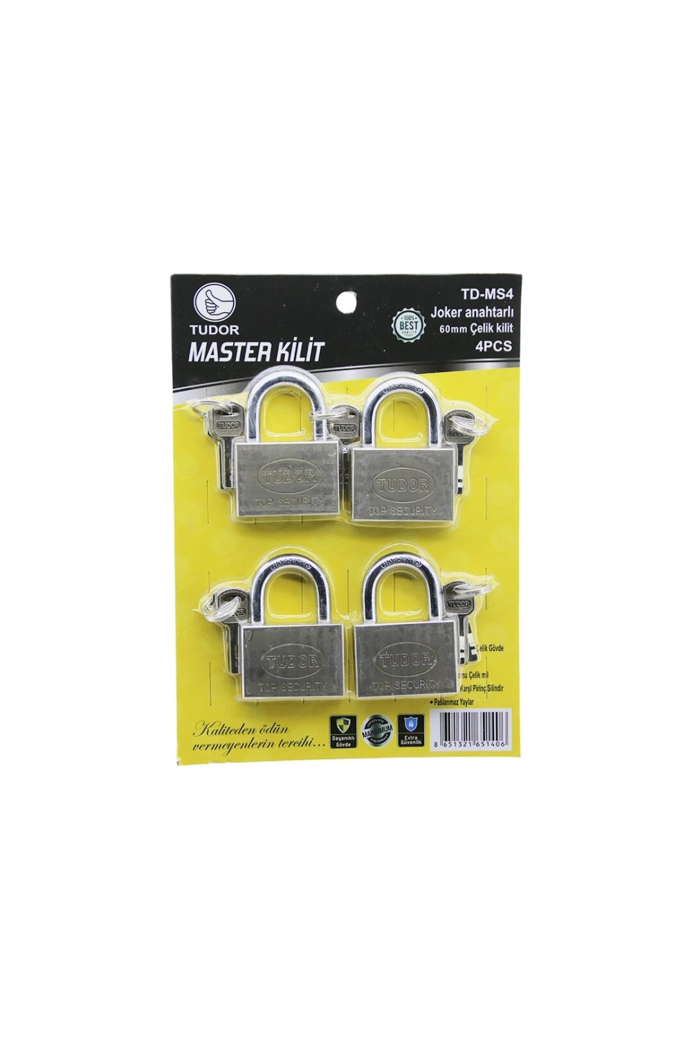 Egonex Tudor Td-ms4 Master (4pcs) (joker Anahtarlı=tek Anahtarla 4 Kilit Aç ) (60mm & Gri) (kısa Kancalı) Çelik Asma Kilit*20