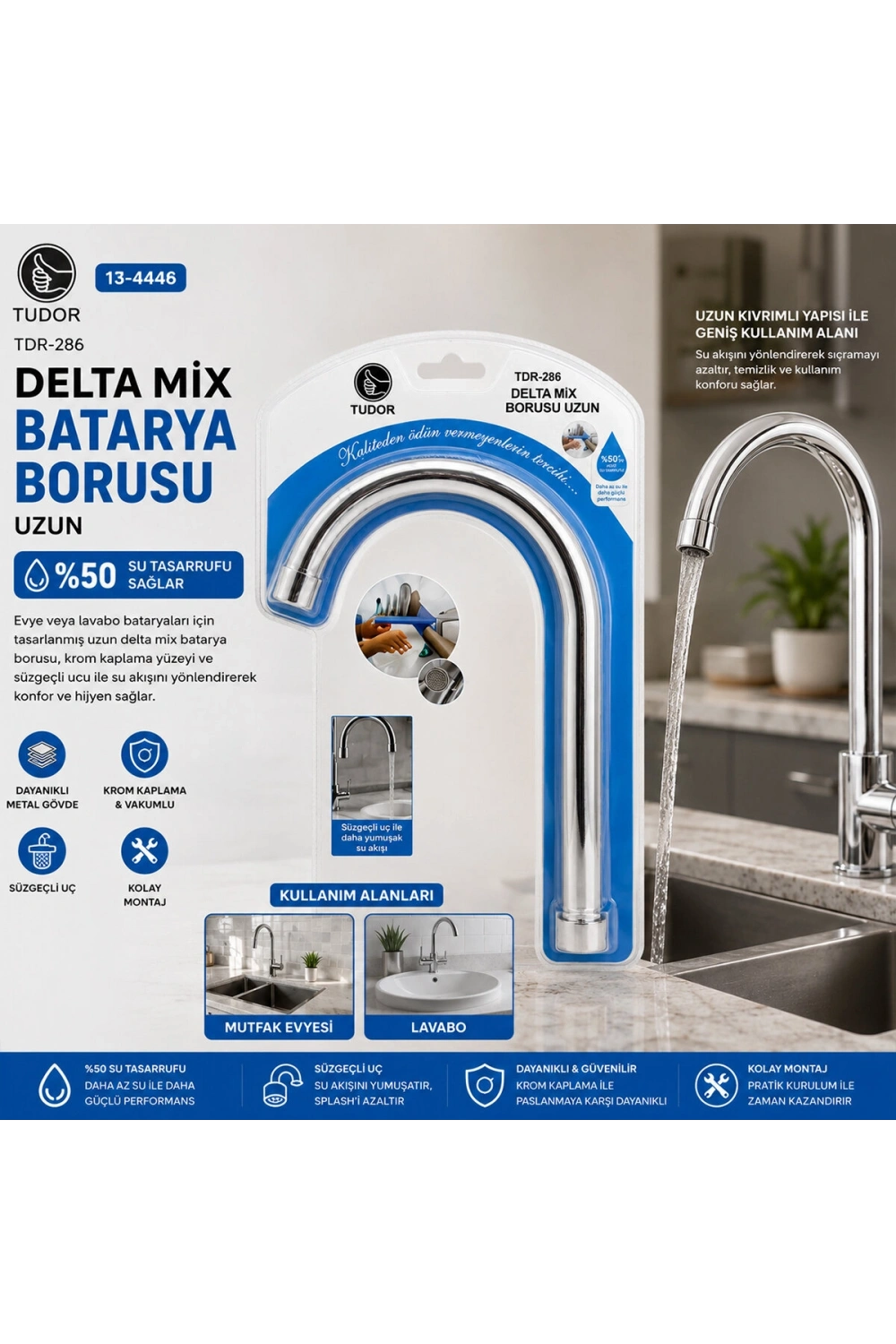 Egonex Tudor Tdr-286 ( Kuğu ) ( Evye & Lavabo ) Uzun Delta Mix Batarya Borusu ( Krom Kaplama & Vakumlu & Süzgeçli Uç)*50
