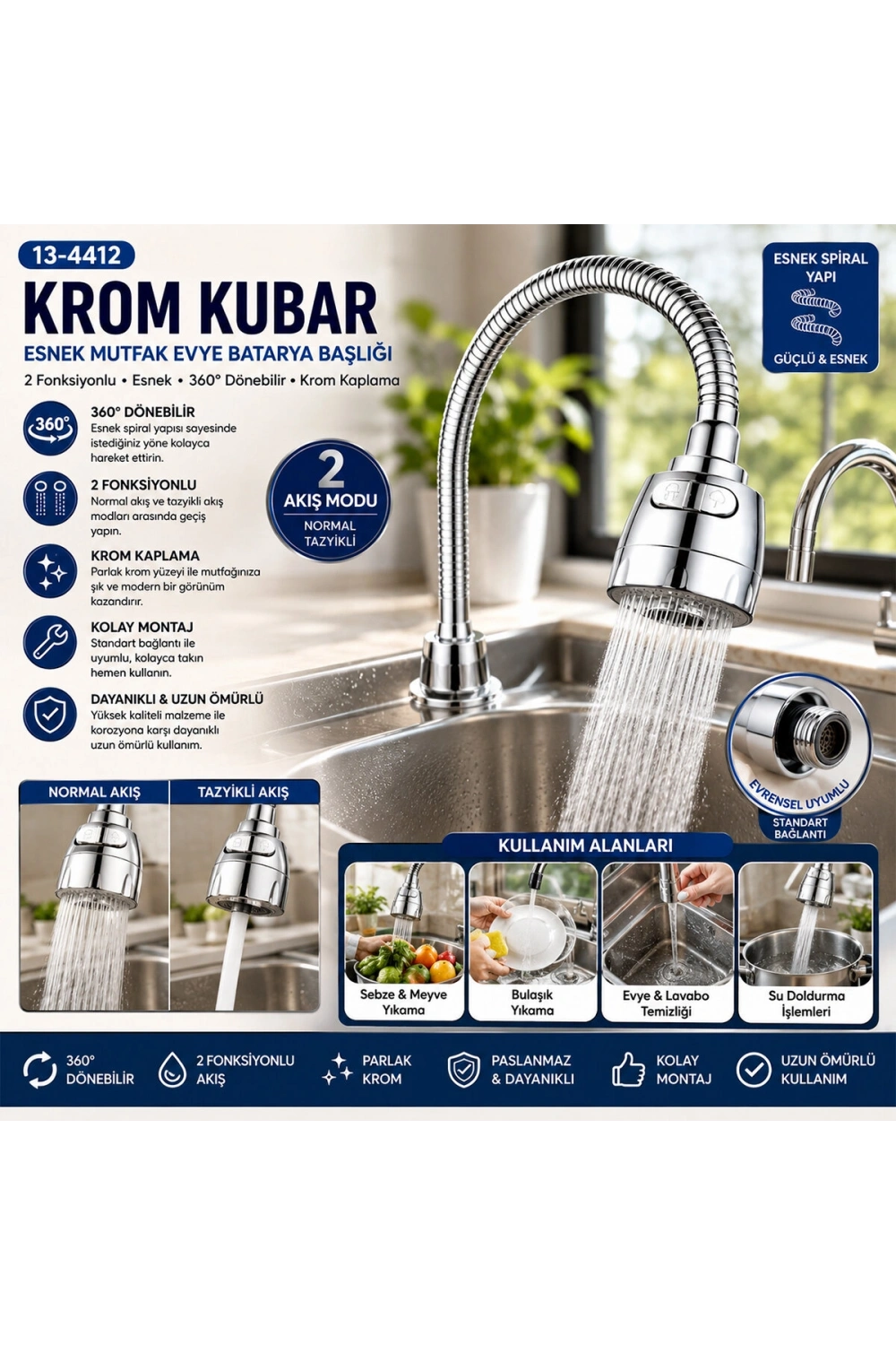 Egonex Tudor Tdr-310 ( C  ) ( Krom ) ( Topaç ) ( Poşetli ) ( Yaylı Borulu ) Kubar & Mutfak Batarya Ucu*50