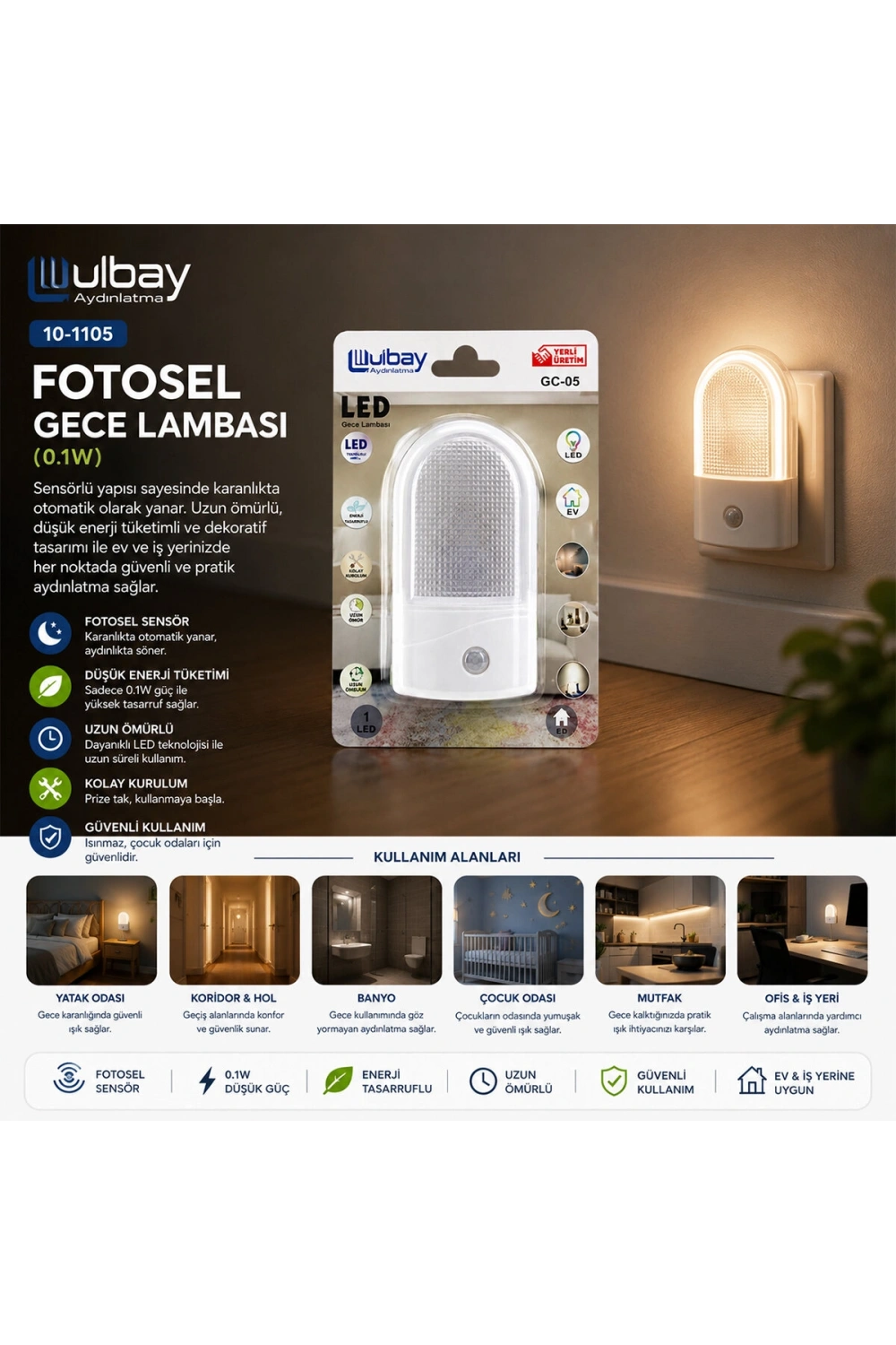 Egonex Ulbay Gc-05 ( Oval ) Fotosel Gece Lambası ( 0.1w ) ( Sensörlü= Karanlık Da Otomatik Yanar )*10x24