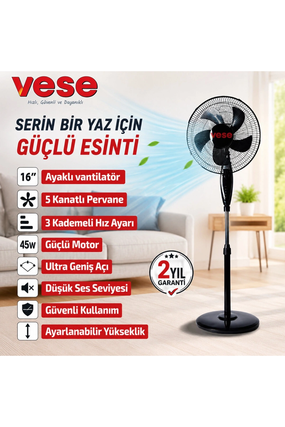 Egonex Vese Vnt-004 ( 16 İnç ) ( Ev Tipi ) Ayaklı Vantilatör ( 45w ) ( 5 Pls.pervane ) ( 3 Kademe Hız ) Fan*1