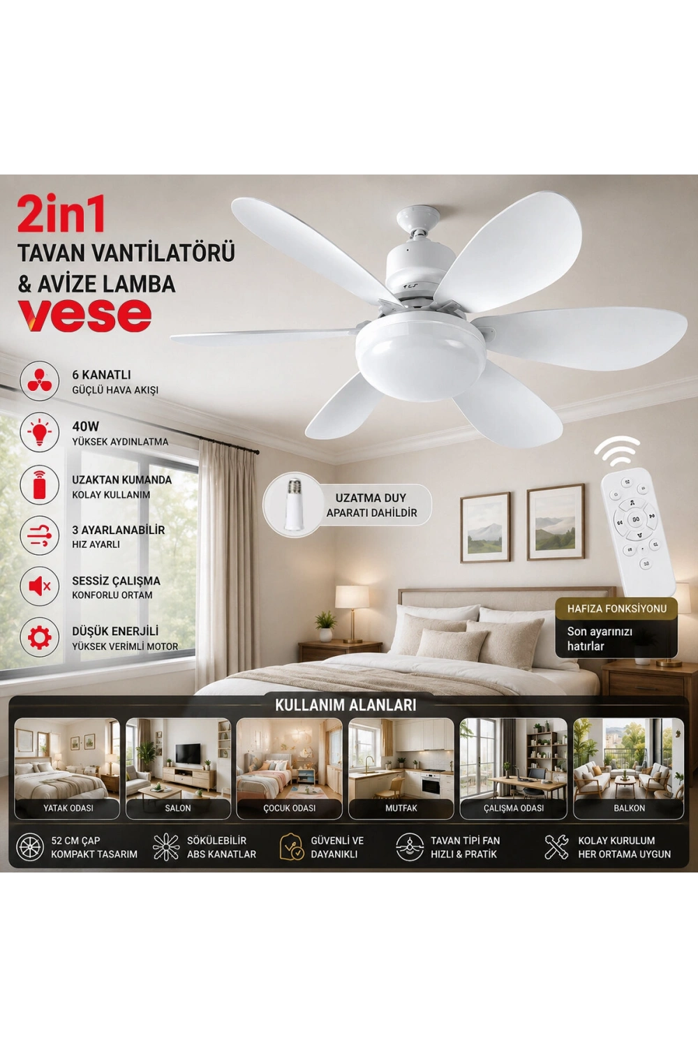 Egonex Vnt-005 Tavan Vantilatör & Avize Lamba (40w) ( Kumandalı ) ( 6knat ) Vese Vnt-005 (2in1)  *24