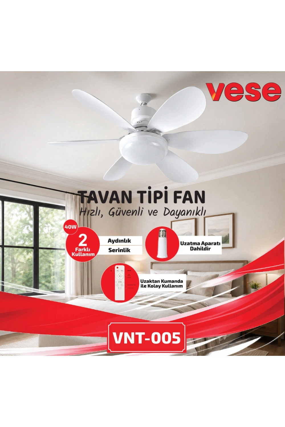 Egonex Vnt-005 Tavan Vantilatör & Avize Lamba (40w) ( Kumandalı ) ( 6knat ) Vese Vnt-005 (2in1)  *24