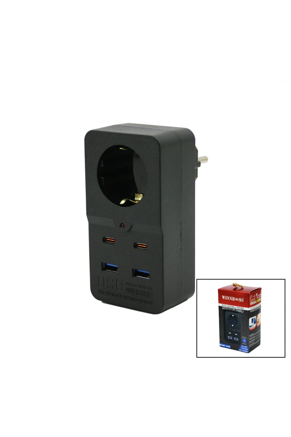 Egonex Wınnboss-3438 Termal Akım Korumalı  ( 1xpriz ) ( 2x Usb ) ( 2x Type-c ) Duvar Tipi Priz Siyah ( 10a & 2500w )*103
