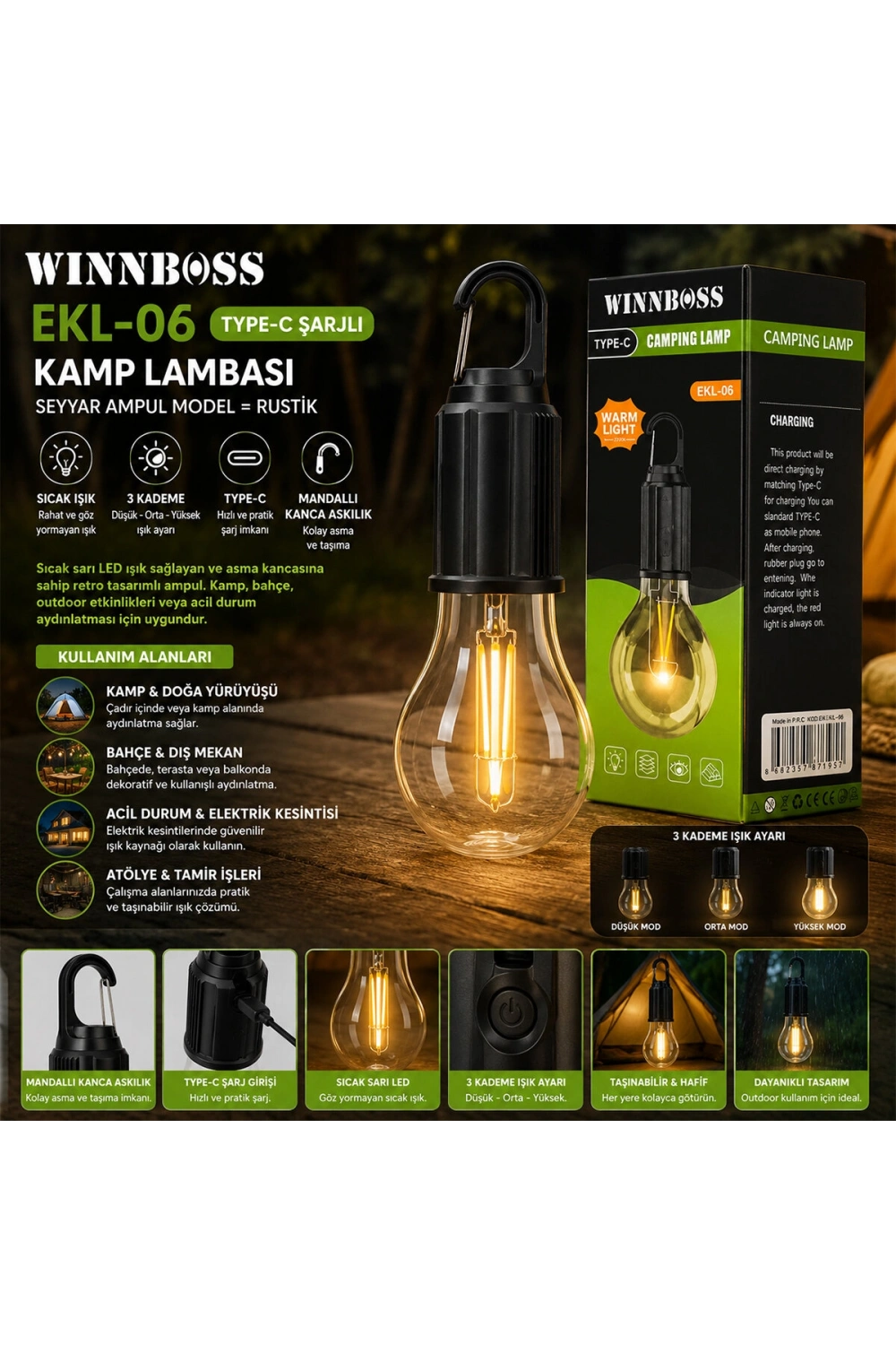 Egonex Wınnboss Ekl-06 G-912 ( Usb Şarjlı ) (seyyar Ampul Model=rustik) Kamp Lambası (mandallı Kanca Askılık) (3-kademe Işık)*120