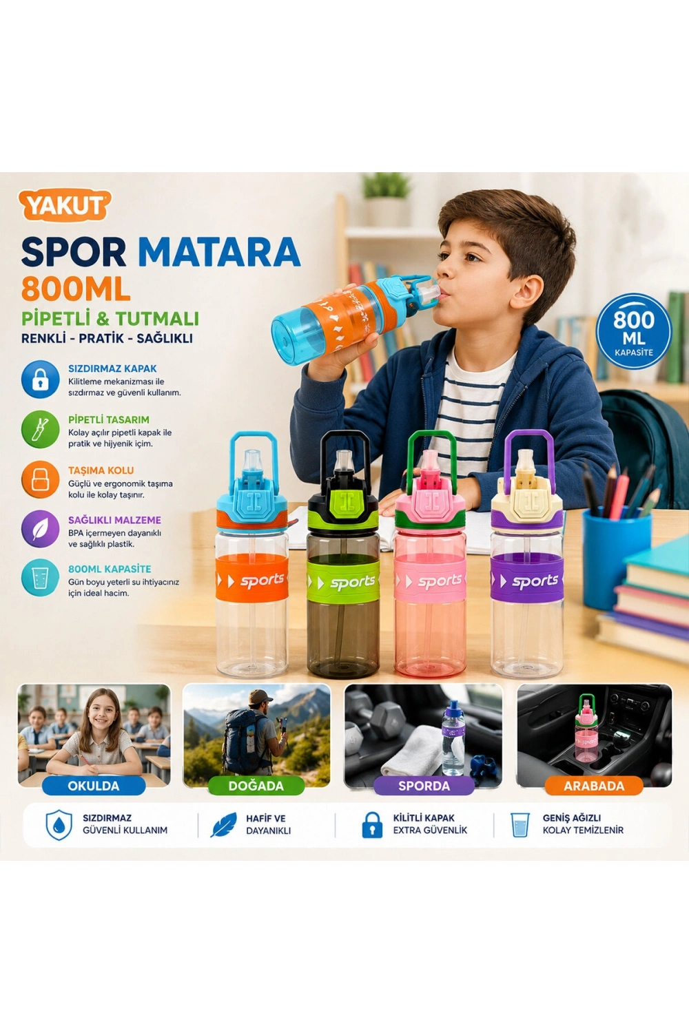 Egonex Yakut-14005 ( Renkli & Tutmalı ) ( Plastik & Pipetli ) Spor Matara ( 800ml )*50