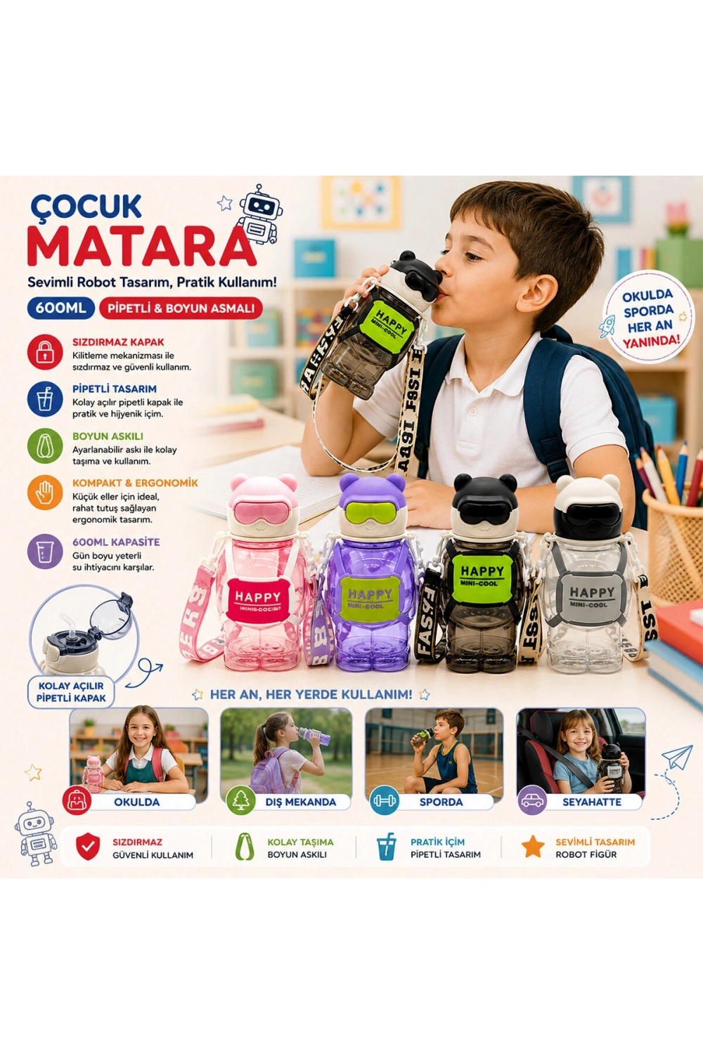 Egonex Yakut-14017 ( Renkli & Boyun Asmalı ) ( Robot Figür ) ( Plastik & Pipetli ) Çocuk Matara ( 600ml )*60