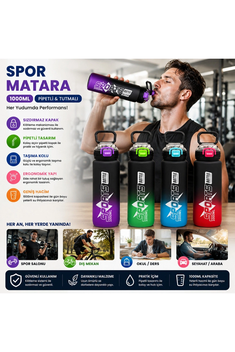 Egonex Yakut-14060 ( Çift Renkli & Tutmalı ) ( Plastik & Pipetli ) Spor Matara ( 1000ml )*80