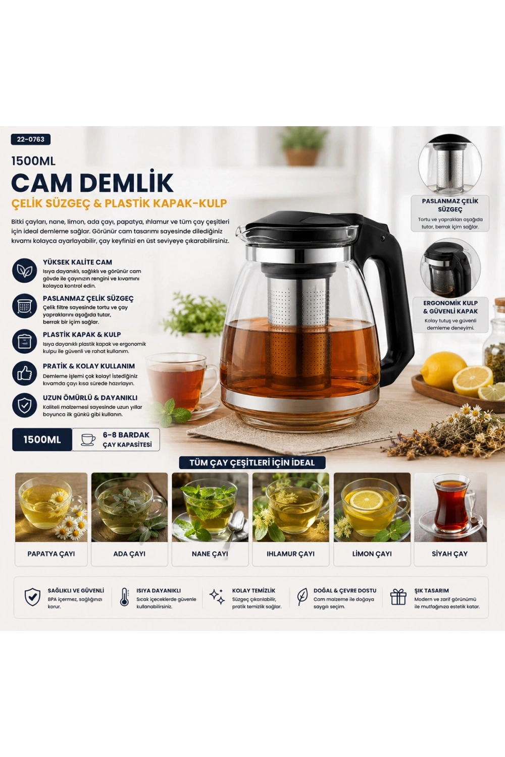Egonex Yakut-7488 ( 1500ml ) ( Cam ) Demlik ( Çelik Süzgeç & Plastik Kapak-kulp )*36