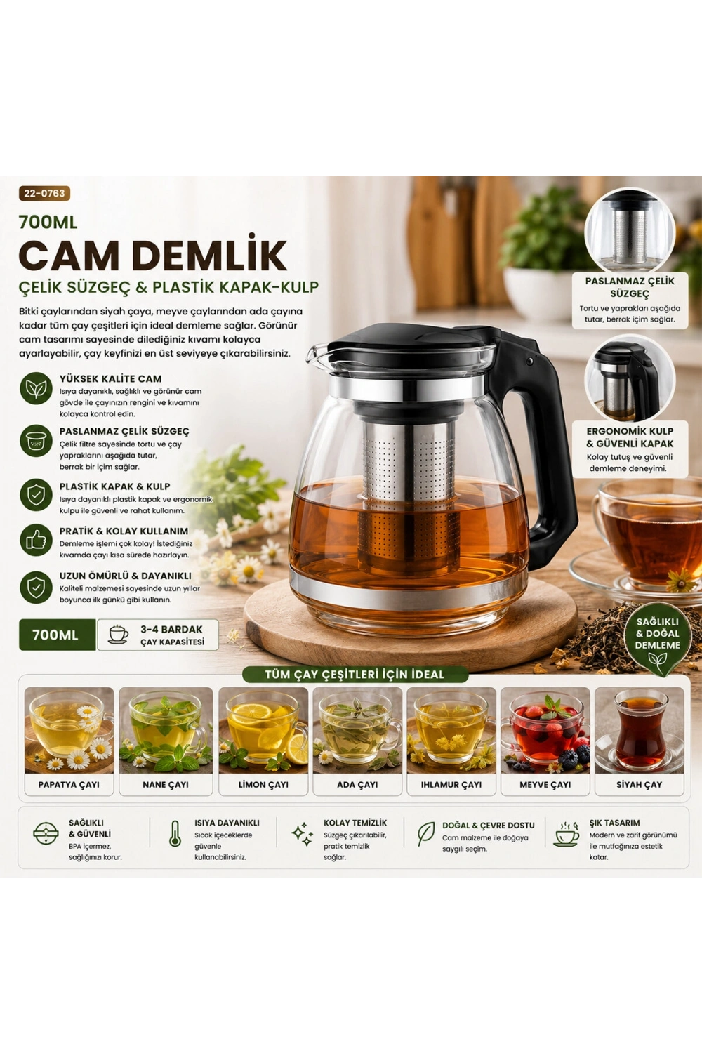 Egonex Yakut-8510 ( 700ml ) ( Cam ) Demlik ( Çelik Süzgeç & Plastik Kulp-kapak)*48