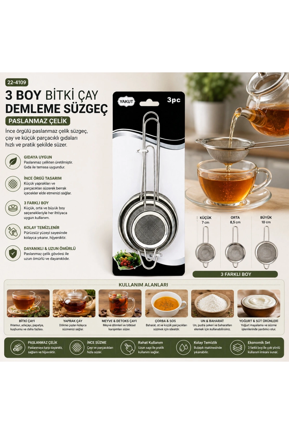 Egonex Yakut-9791 ( 3pcs Set ) ( Mini= 5-7-8cm ) Tel Süzgeç ( Metal Çerçece ) ( Metal Sap=8.5-10.5-10.5cm )*144