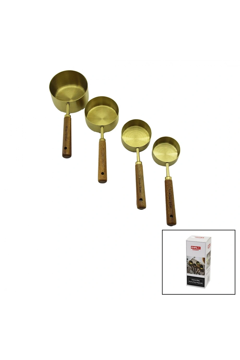 Enfa Enf-1041 ( 4pcs ) (gold Metal) Ölçü Kaşık Set (otantik Ağaç Kulp) (1cup: 250ml & 1/2 Cup: 125ml & 1/3 Cup: 80ml & 1/4 Cup: 60ml)*48