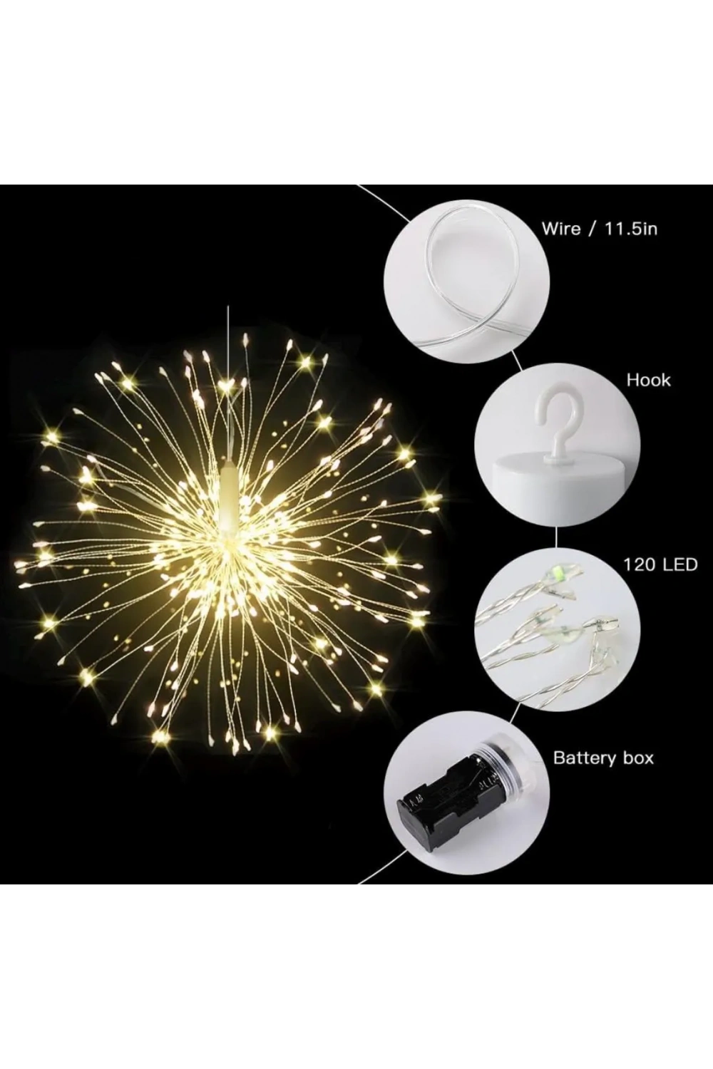 Fişli Asılı Havai Fişek Işıkları 120 Led Ampul Bakır Tel Şerit Işık