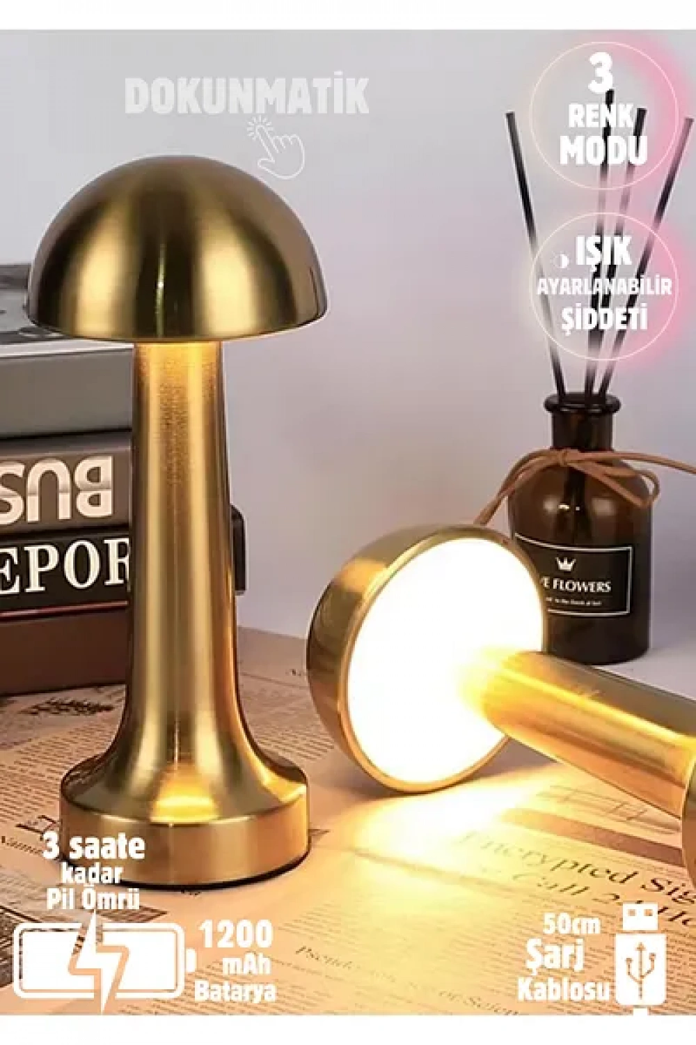 Forlife Dekoratif Şarjlı Led Mantar Masa Lambası Gold Fl-8055