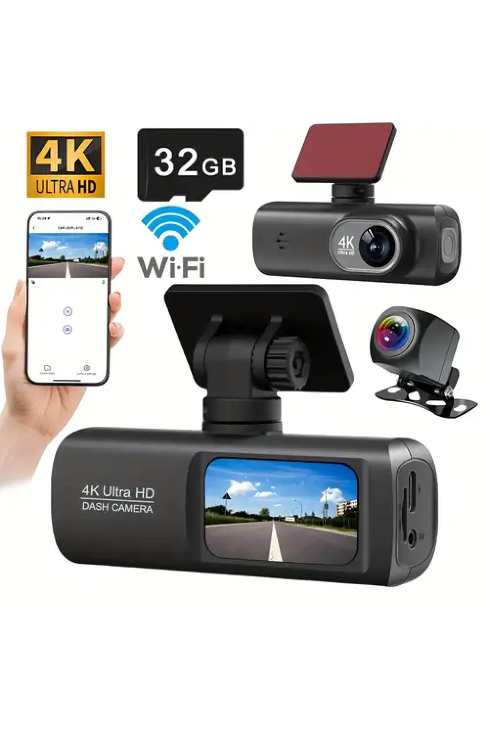 Hd Araç Kamerası Çift Yönlü Dash Cam 4k Uhd Ön Ve 1080p Fhd Arka Kameralı Wifi