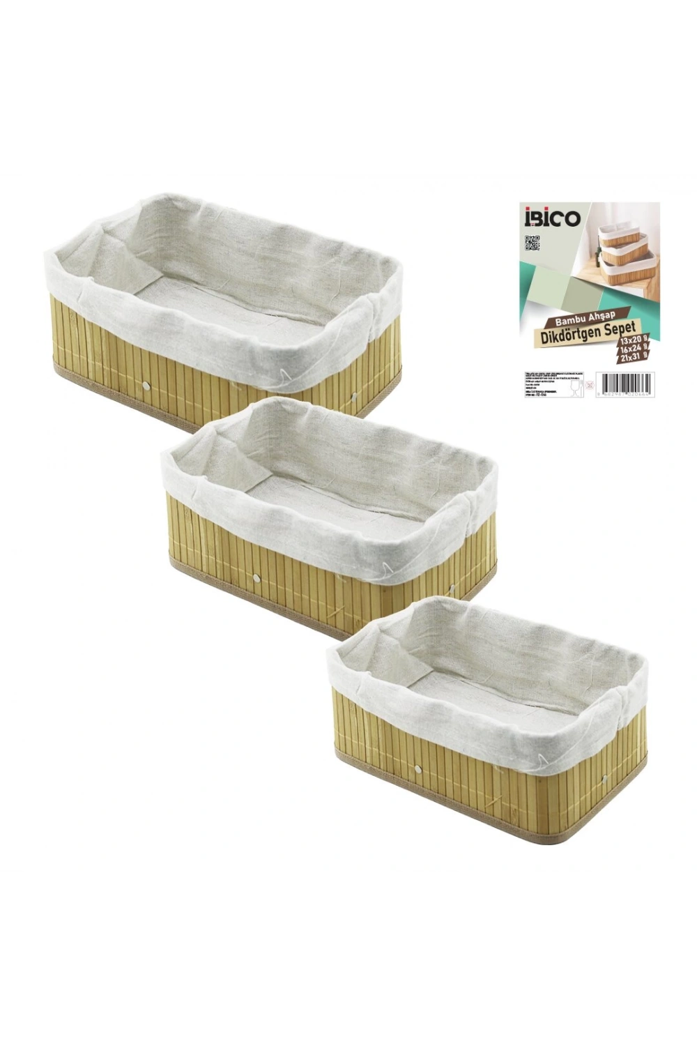 İbico İ12-066 ( 3 Boy ) ( Dikdörtgen ) ( Bambu Kenar ) Organizer Sepet ( Ahşap Altlık & Bezli ) ( 13x20-16x24-20x31cm )*24