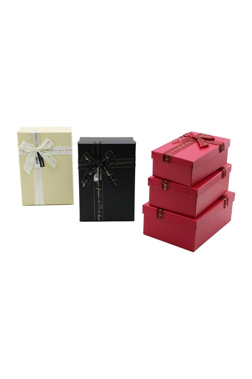 İbico İ12-089 ( 3pcs ) (d.dörtgen) (mat Renkli & Kabartma Desen) Karton Hediye Kutusu (kurdelalı) (22.5x15.5-20.5x13.5-18.5x11.5cm)*36