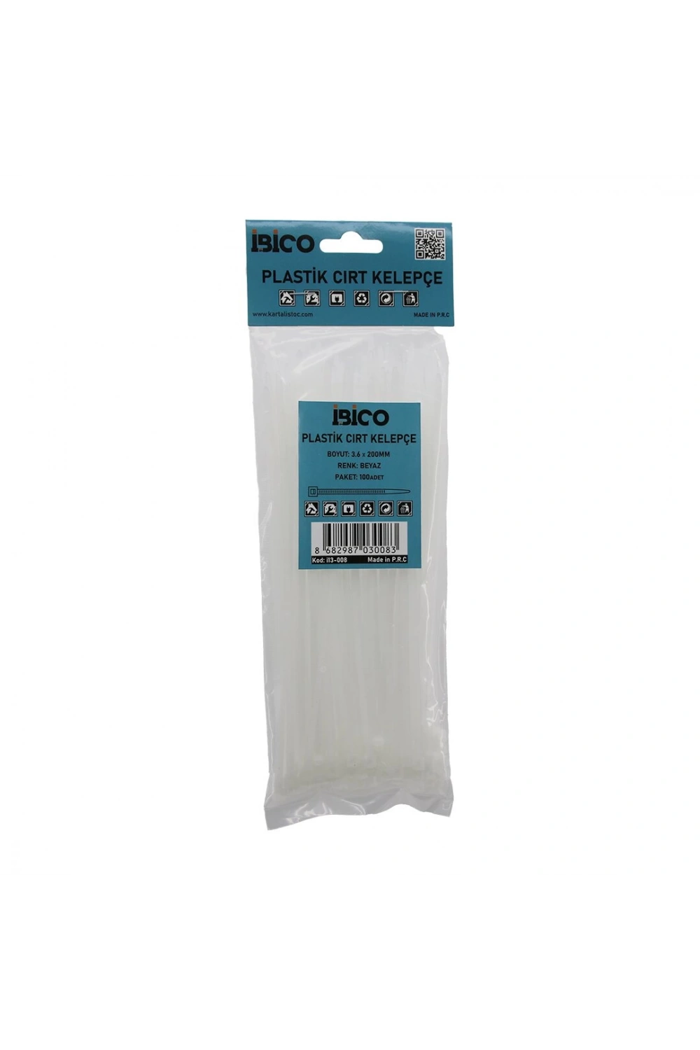İbico İ13-008 ( Beyaz ) ( 3.6x200mm ) Plastik Cırt Kelepçe ( 100pcs )*300