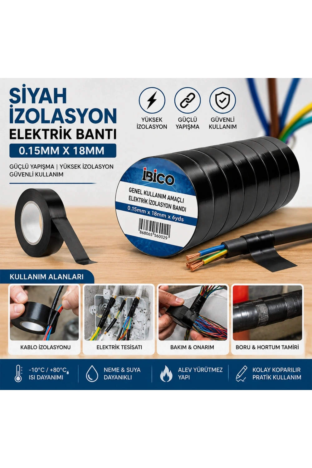 İbico İ13-028 ( Siyah ) İzolasyon Elektrik Bantı ( 0.15mm X 18mm ) ( 6yds )*10x50