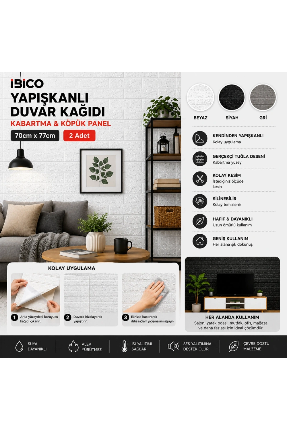 İbico İ13-084 ( 2pcs ) ( 70x77cm ) ( Kabartma & Köpük Panel ) ( Tuğla Desen ) ( Siyah & Gri ) Yapışkanlı Duvar Kağıt*60=k