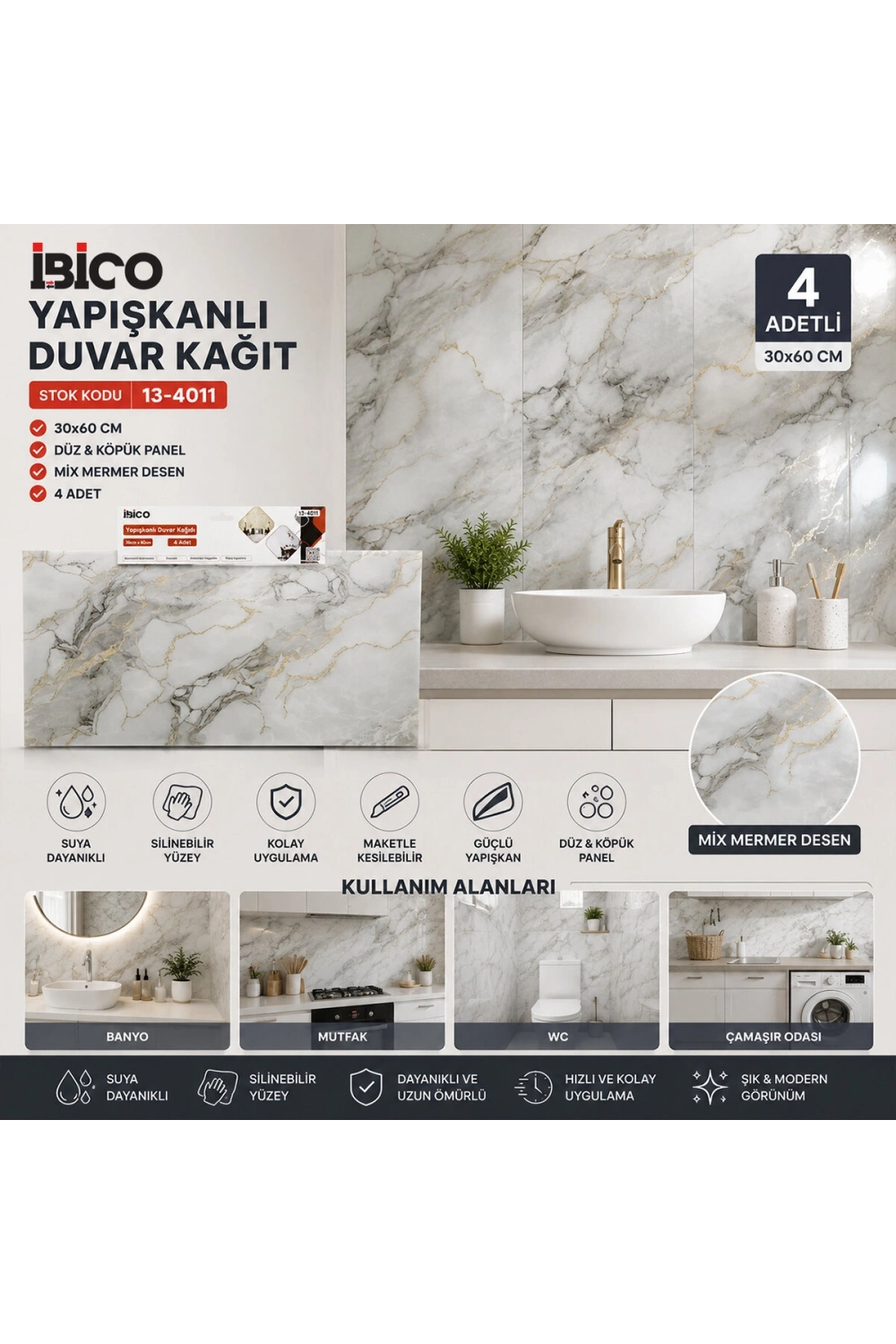 İbico İ13-085 ( 4pcs ) ( 30x60cm ) ( Düz & Köpük Panel ) ( Mix Mermer Desen ) Yapışkanlı Duvar Kağıt*60=k