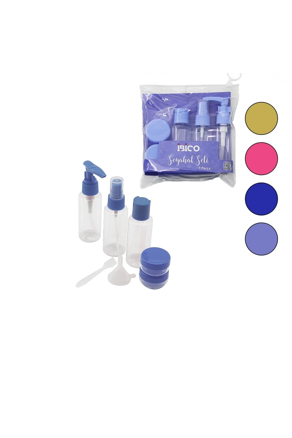 İbico İ15-056 (7pcs) Seyahat Kozmetik Set (3-pls.pompalı+sprey+kapaklı Şişe(50ml)& 2-krem Kutu(10gr)& 1-huni & 1-spatula)*12x20