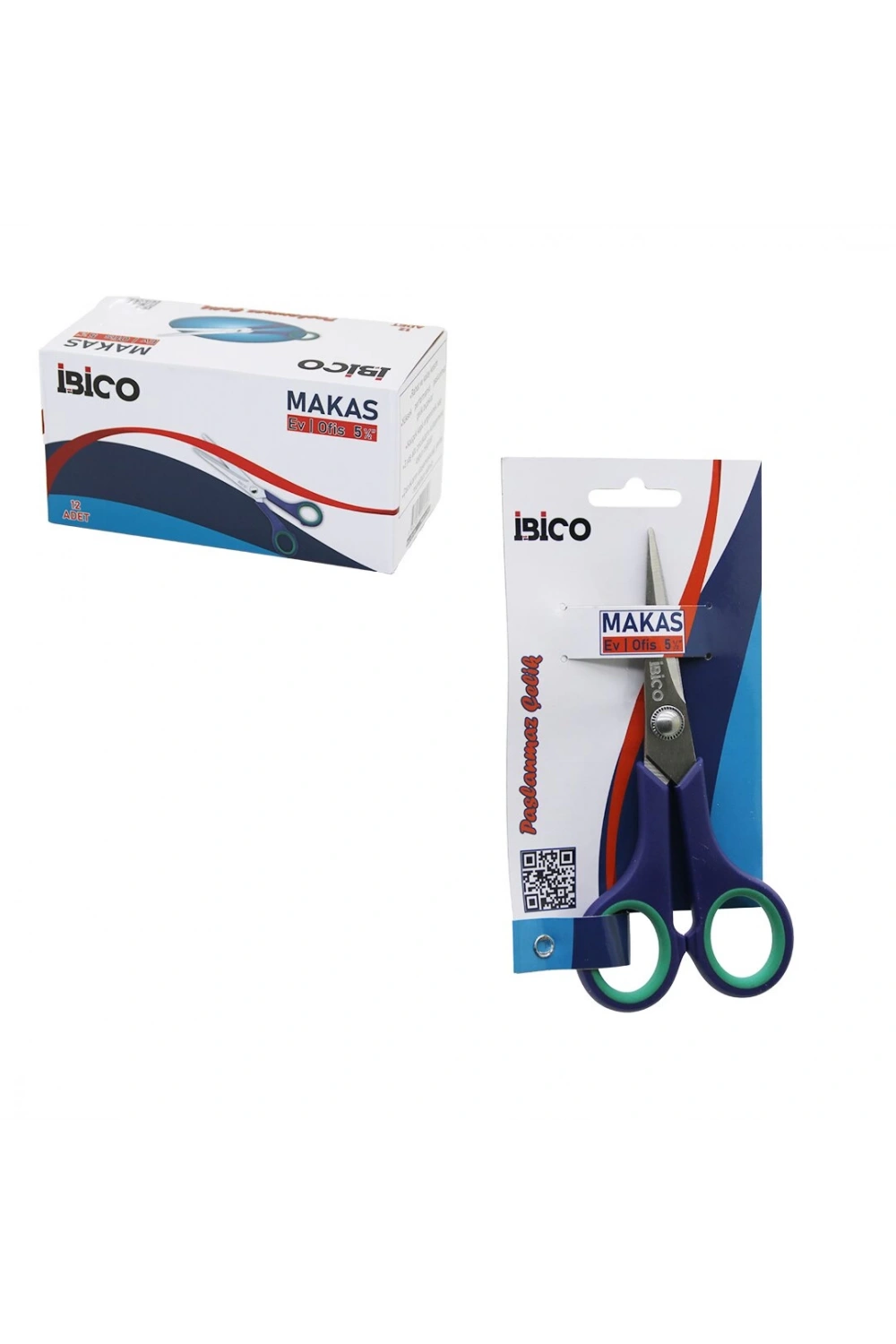 İbico İ20-014 ( 5 ½ & 14cm ) ( Küçük ) Ev & Ofis Makas ( Paslanmaz Çelik ) ( Yeşil & Lacivert Kauçuk Kaplı Ergonomik Sap )*12x30