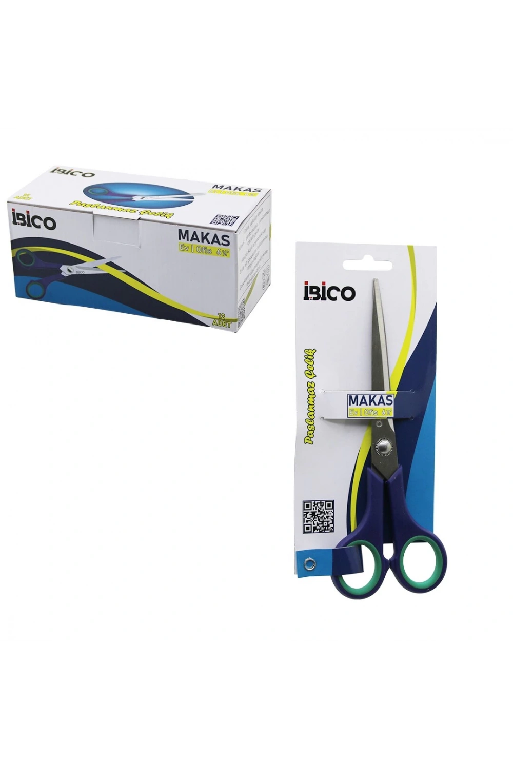 İbico İ20-015 ( 6 ½ & 17.5cm ) ( Orta ) Ev & Ofis Makas ( Paslanmaz Çelik ) ( Yeşil & Lacivert Kauçuk Kaplı Ergonomik Sap )*12x30