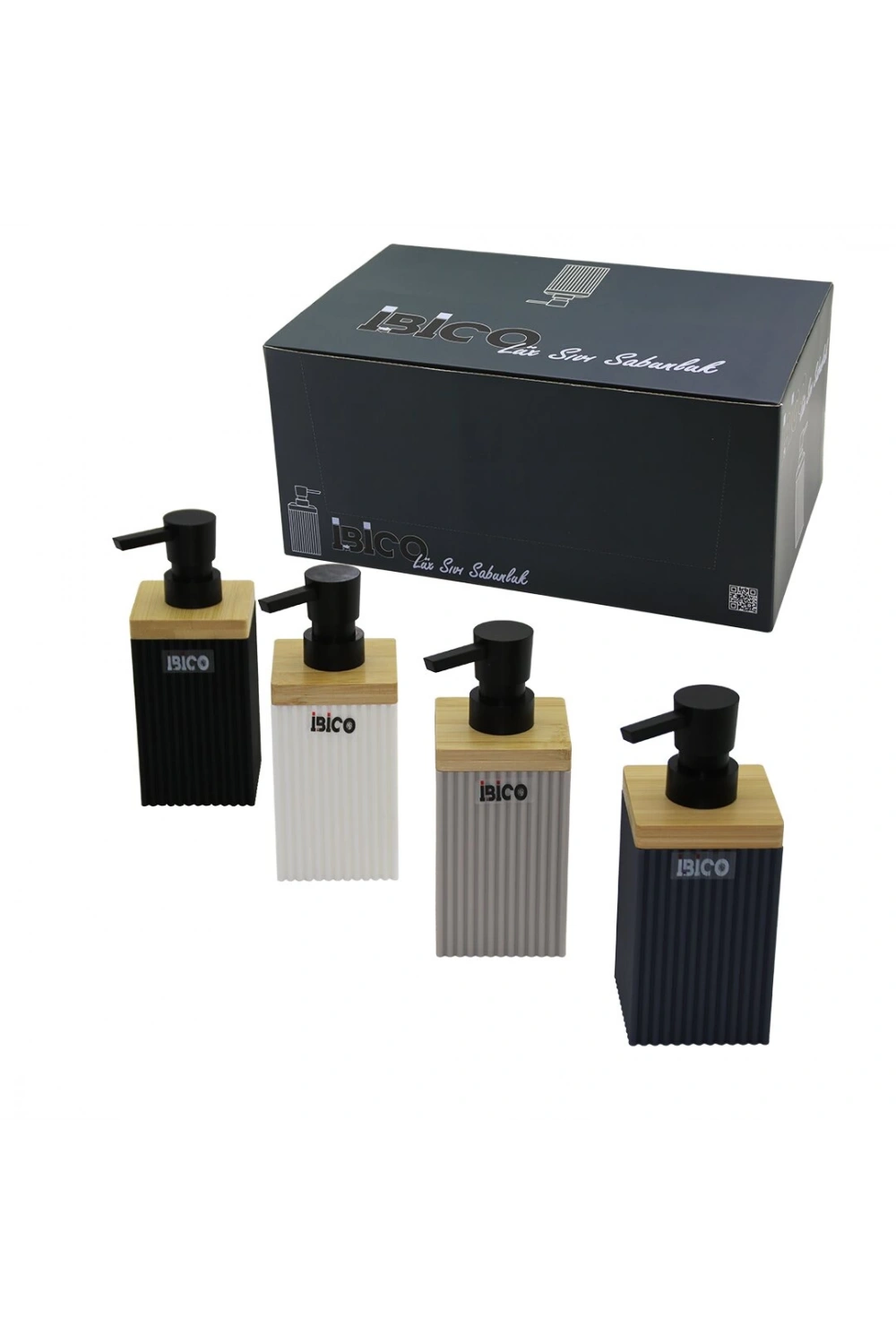 İbico İ21-057 ( Dikdörtgen & Dik Çizgili ) ( Bambu & Renkli Plastik ) Sıvı Sabunluk ( 350ml )*15x4