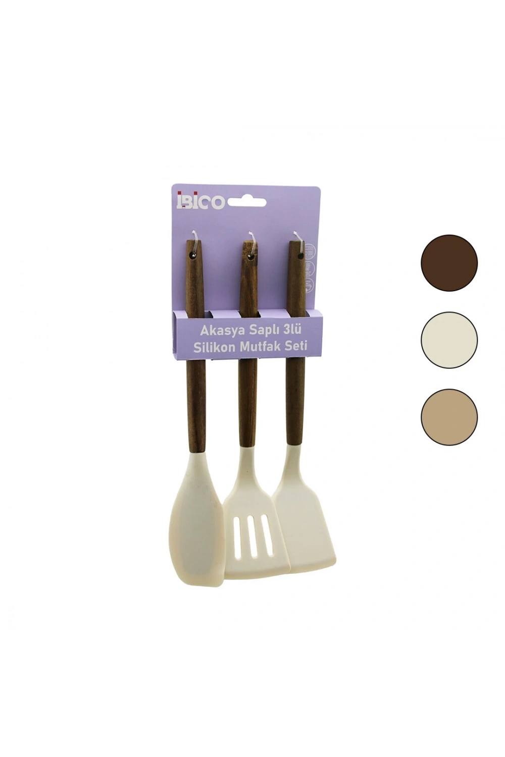 İbico İ22-014 ( 3pcs ) ( Renkli Silikon ) ( Spatula ) Mutfak Seti ( Ahşap Akasya Saplı ) ( Klasik & Yan & Delikli Spatula) (30cm)*12x6