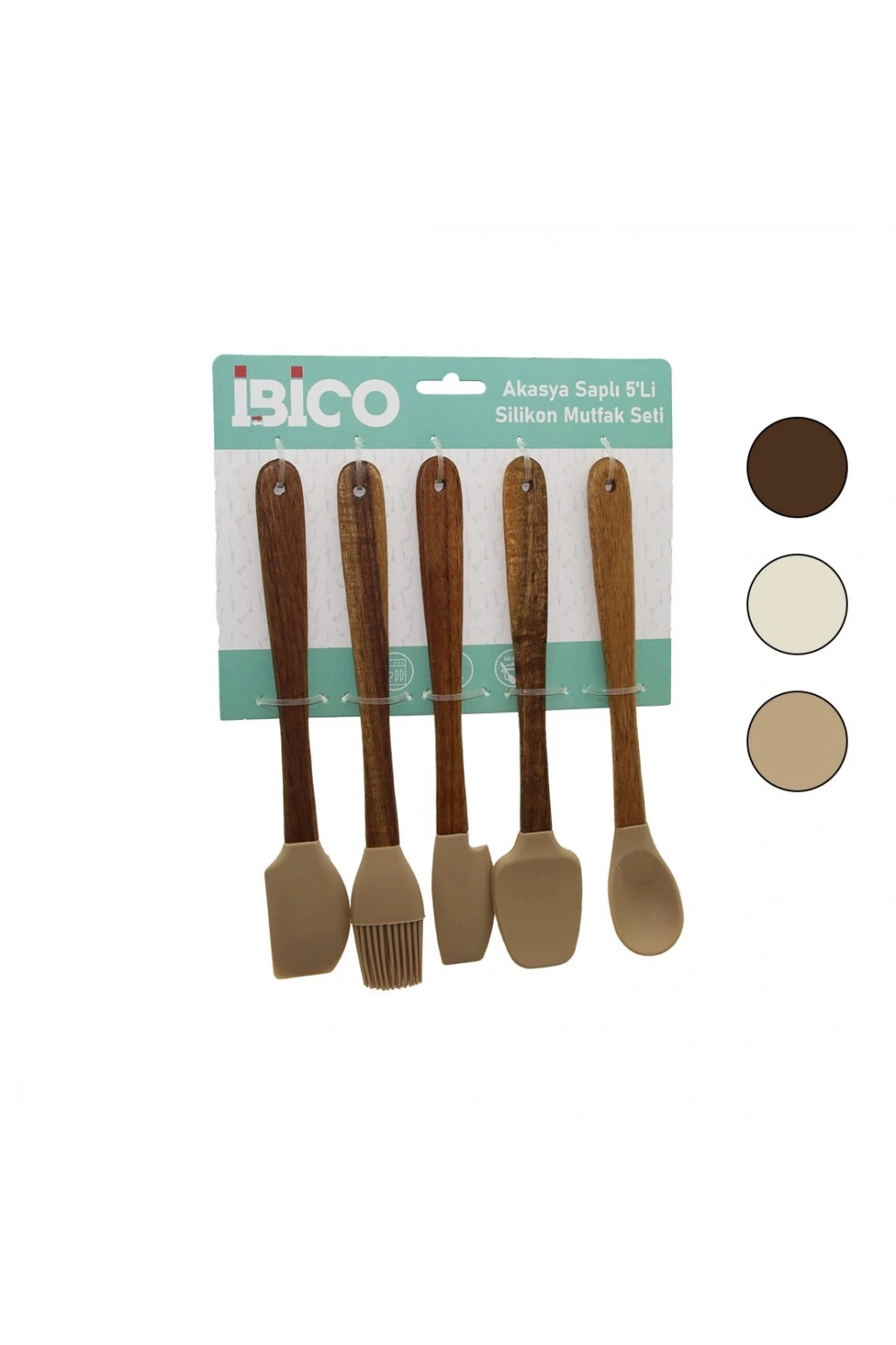 İbico İ22-024 ( 5pcs & Mini=21cm ) (renkli Silikon) Mutfak Seti (3-spatula & 1-yumurta Fırçası & 1-kaşık) (ahşap Akasya Saplı)*24x3