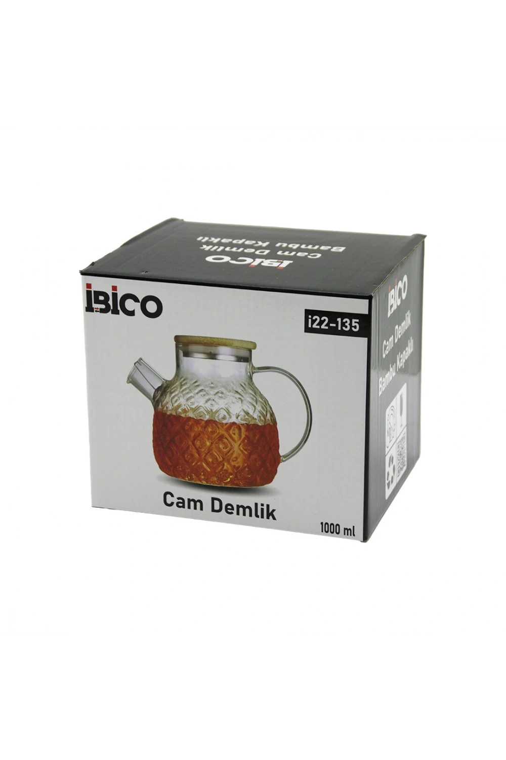 İbico İ22-135 ( 1000ml ) ( Yuvarlak & Düz ) Cam Demlik Bambu Kapaklı*48