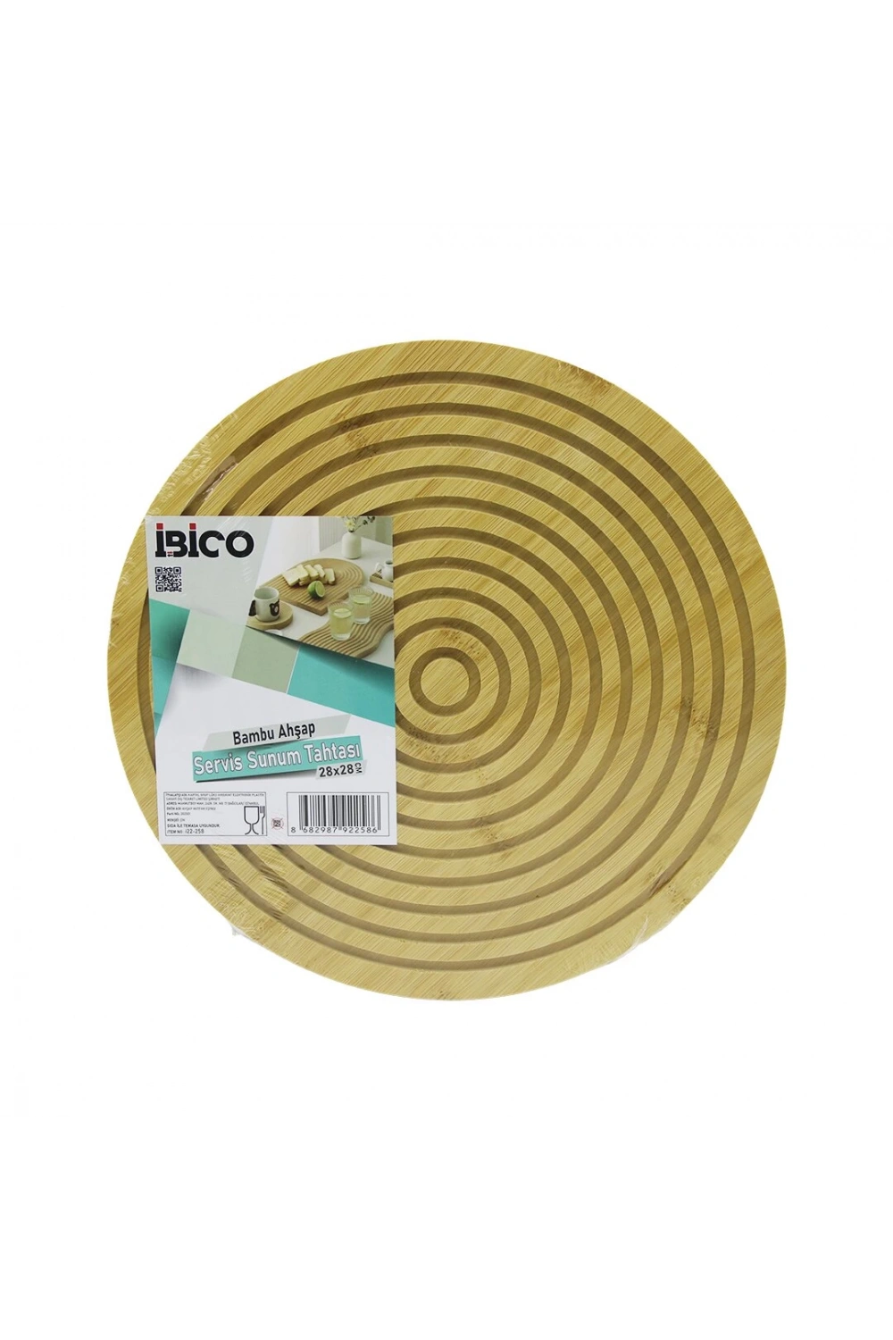 İbico İ22-258 (yuvarlak) (çift Taraflı=düz & Dalgalı Oyuk Kanallı) Ahşap Bambu Sunum Tepsi (28cm)*24