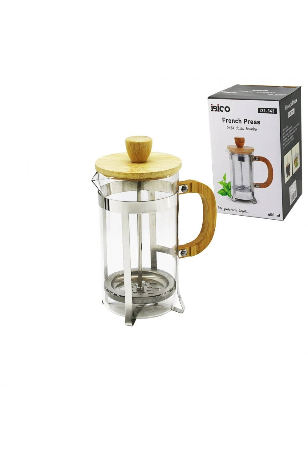 İbico İ22-343 French Press ( Metal Kafes & Bambu Sap Bambu Kapak ) ( 600ml ) ( Cam ) Bitki Süzgeçi*40