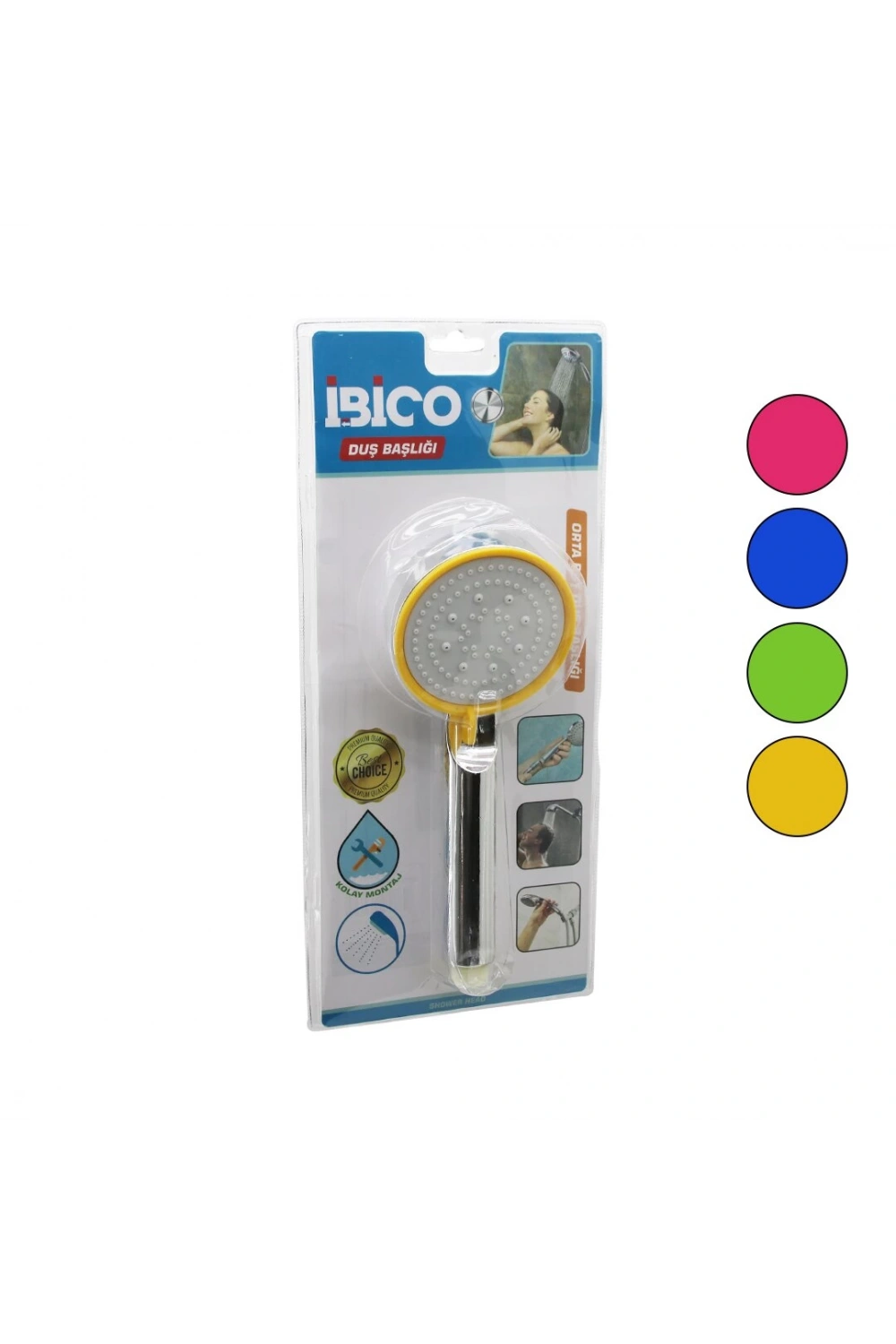 İbico K13-039 (orta Boy) (yuvarlak=8.7cm) Duş Başlık (kademeli) (vakumlu) (krom Gövde-renk.kenar-beyaz Zemin)(sap:14cm)*77