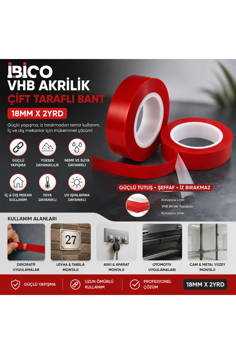 İbico K13-172 ( 18mmx2yrd ) Vhb Akrilik Silikonize Bant*24x12