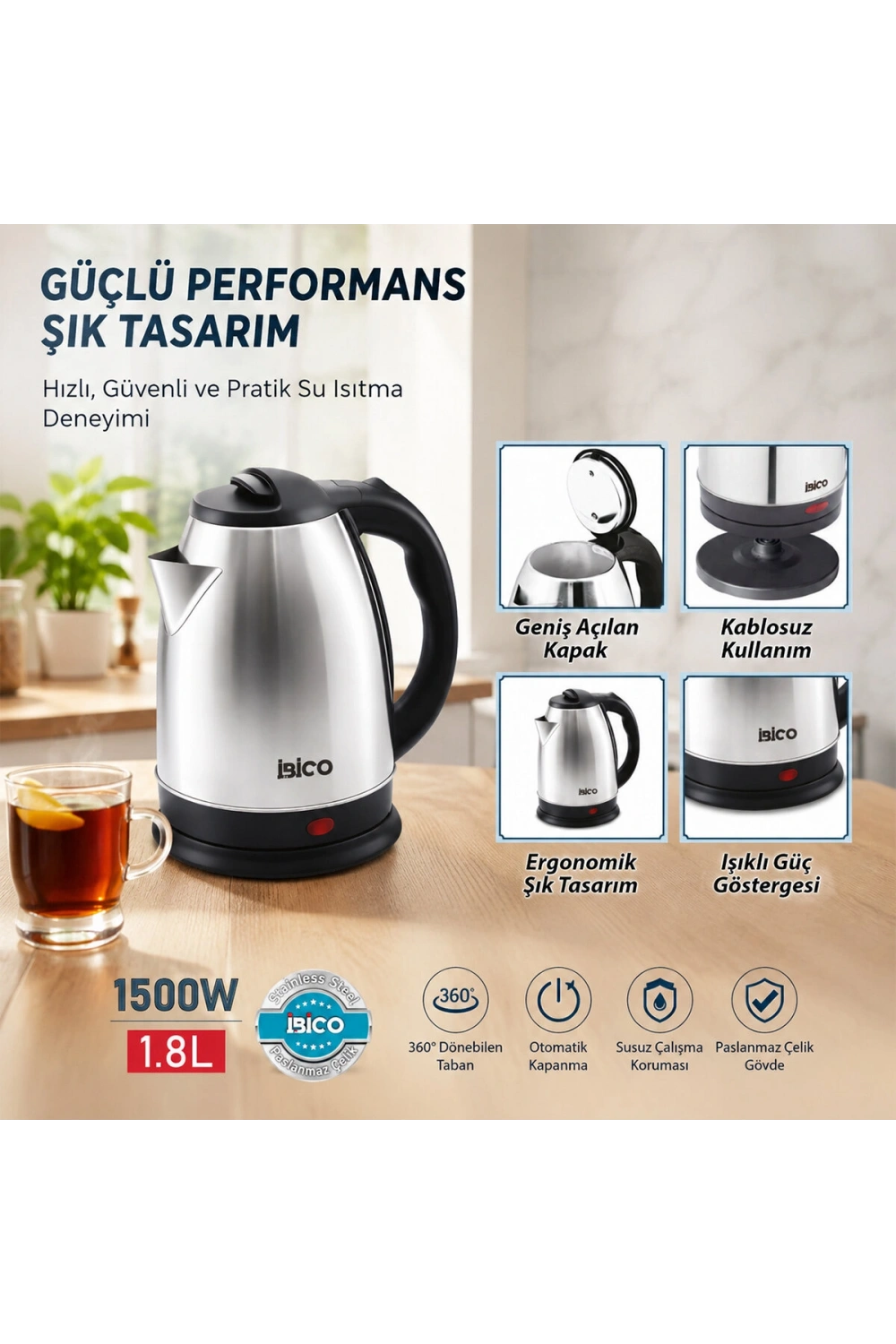 İbico Mtf-001 ( Çelik ) Kettle Elektrikli Su Isıtıcısı ( 360° ) ( 1.8lt ) ( 1500w )*6