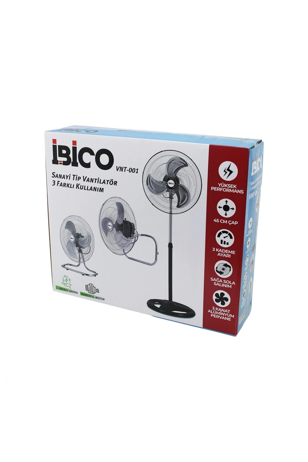 İbico Vnt-001 (3in1=duvara Monte& Masa Üstü& Ayaklı) (45cm) (sanayi) Tipi Vantilatör (3 Kademe Hız & 3 Metal Kanat) (75w)*1