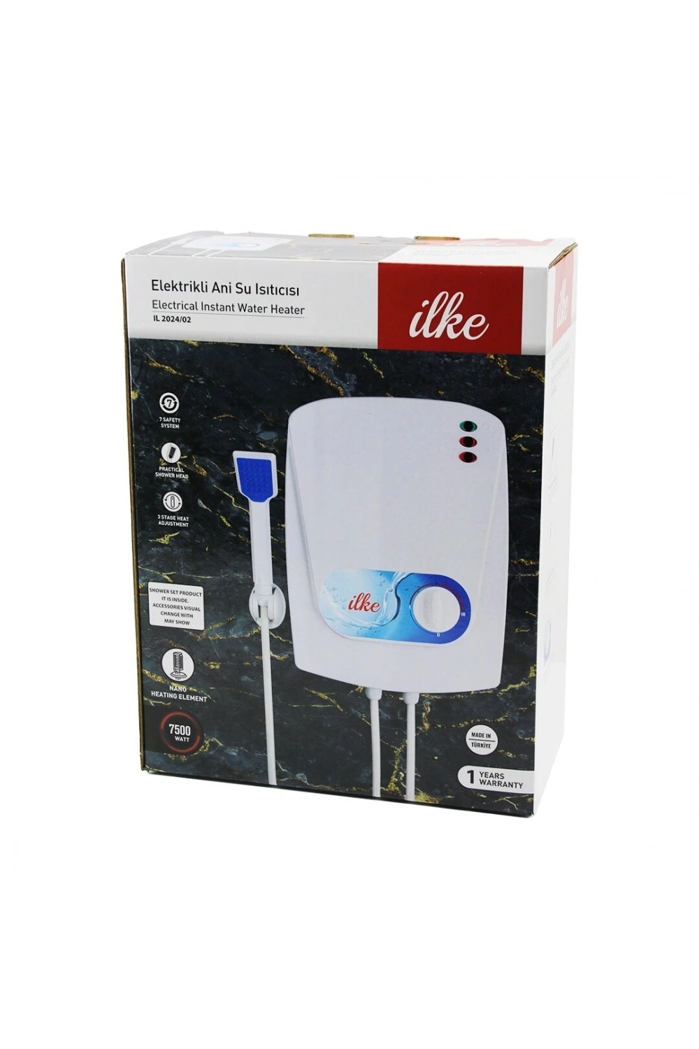 İlke Il-2024/02 Elektrikli Şofben (7500w) (3 Kademeli Isı Ayarı) (7 Emniyet Sistemi) (duş Başlık--askı & Hortum & Aparat)*6