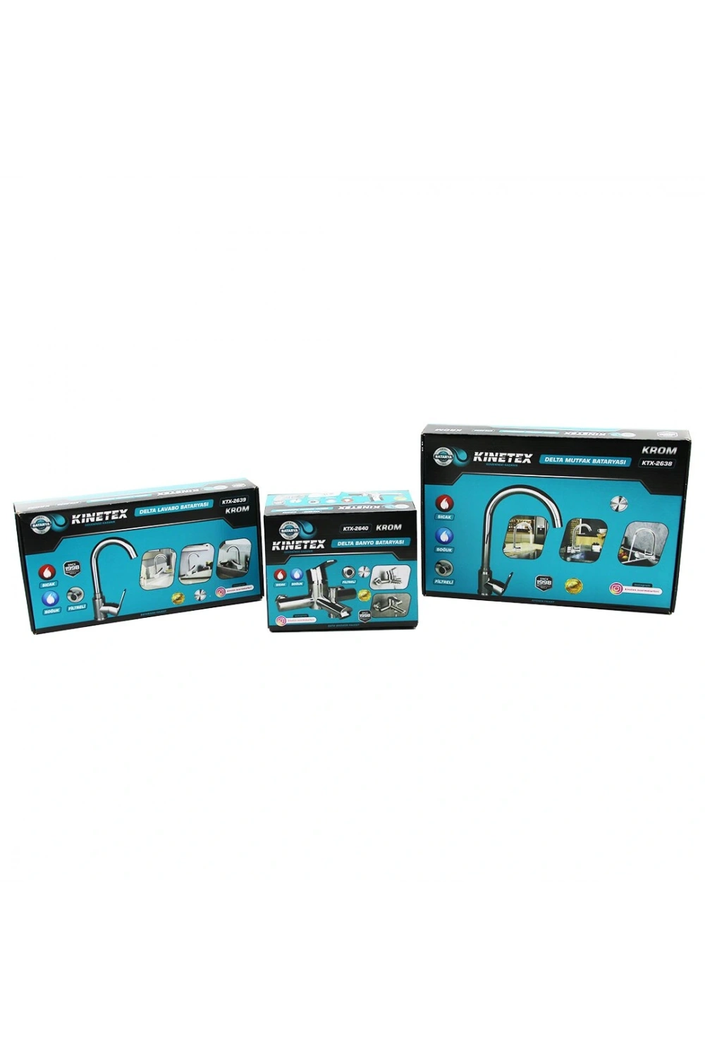 Kınetex Ktx-2638-2639-2640 Lux ( 3lü Set) ( Delta Banyo )+( Delta Kuğu Evye Mutfak )+( Delta Kuğu Lavabo ) ( Aç Kapa ) Batarya Musluk*24
