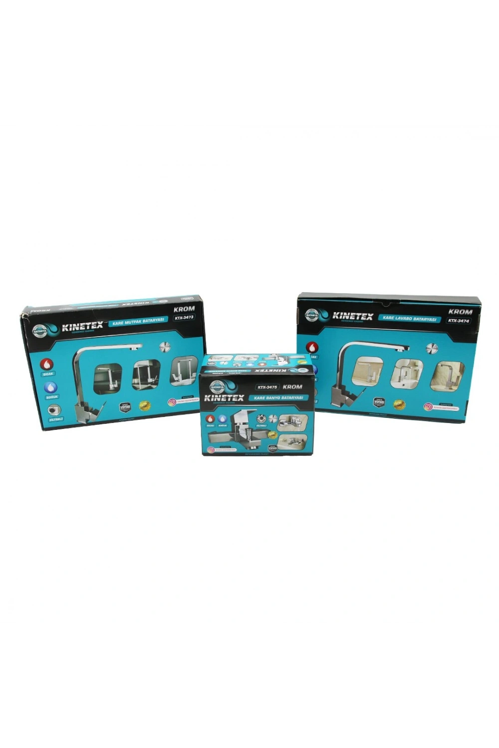 Kınetex Ktx-3473 Ktx-3474 Ktx-3475 ( 3lü Kare Set) (aç Kapa) Krom Batarya Musluk (filtreli) (kare Banyo)+(kare Evye Mutfak)+(kare Lavabo)*12