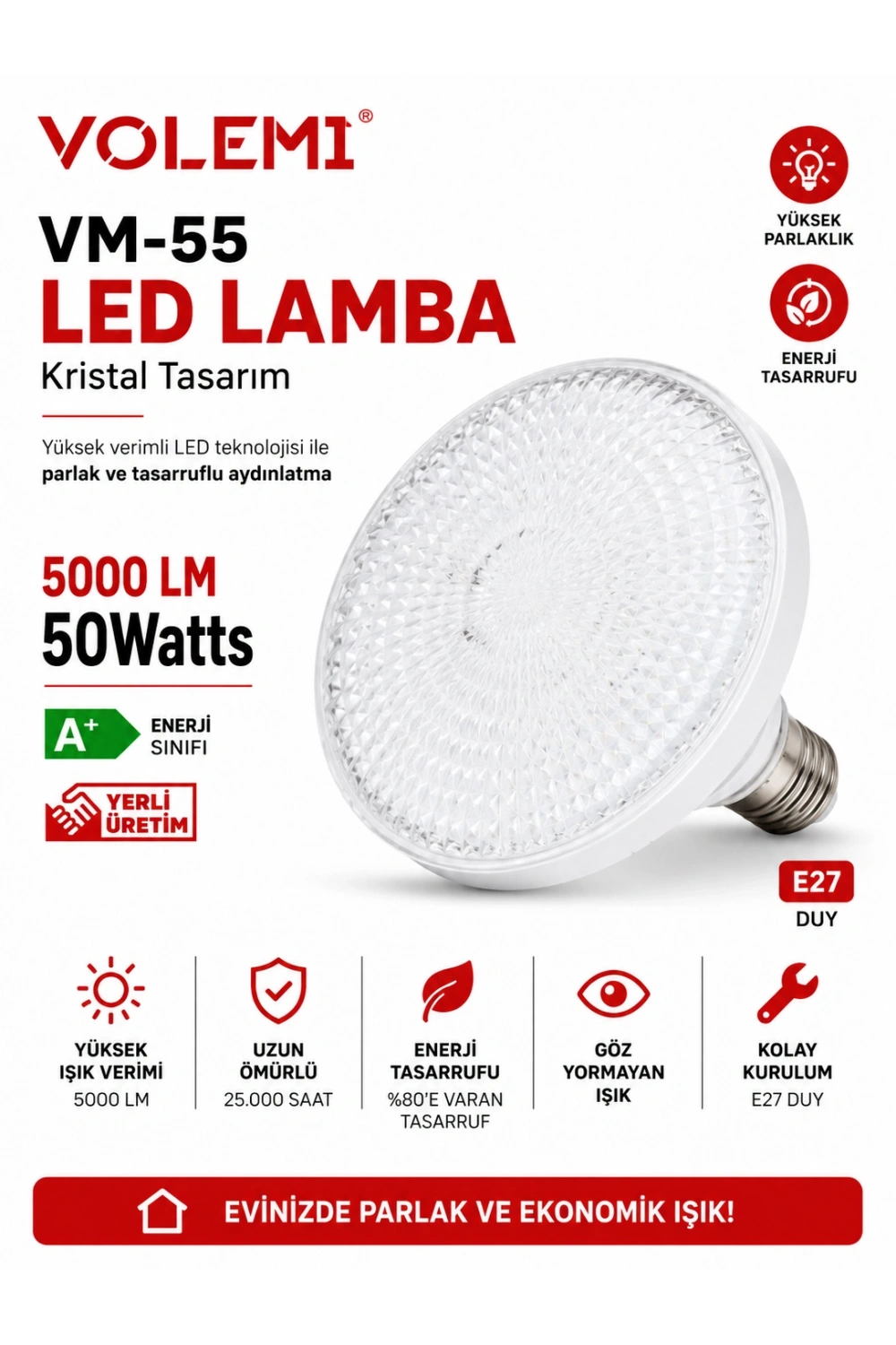 Kristal Tasarım 50W Süper Led Ampul 5000 Lümen E27 Duy Beyaz Işık Yüksek Tasarruflu Lamba Ampul
