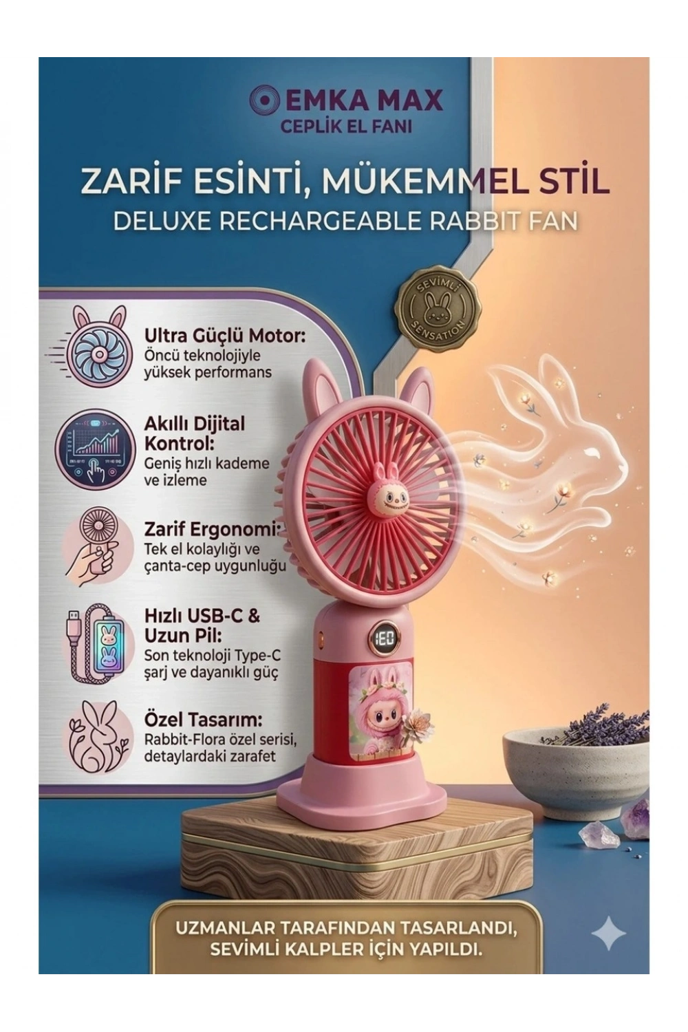 Labubu Konseptli Taşınabilir Mini USB Şarj Edilebilir Fan - Masaüstü El Fanı - El Vantilatörü