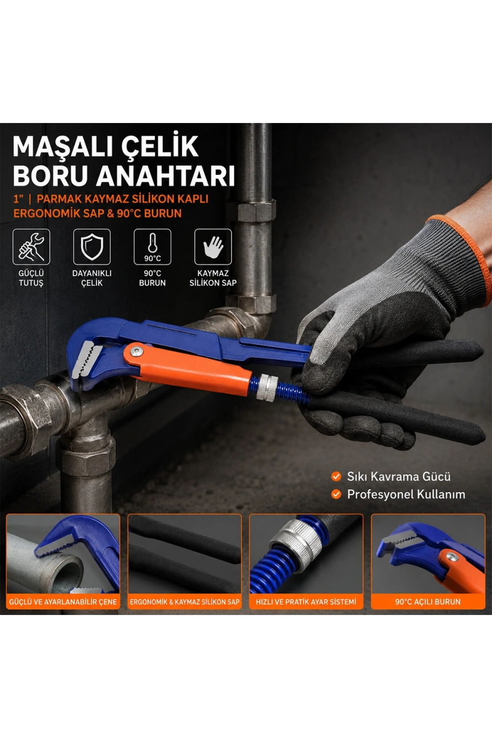 Man ( 1 Parmak ) Maşalı Çelik Boru Anahtarı ( Silikon Kaplı Ergonomik Sap & 90°c Burun )*36