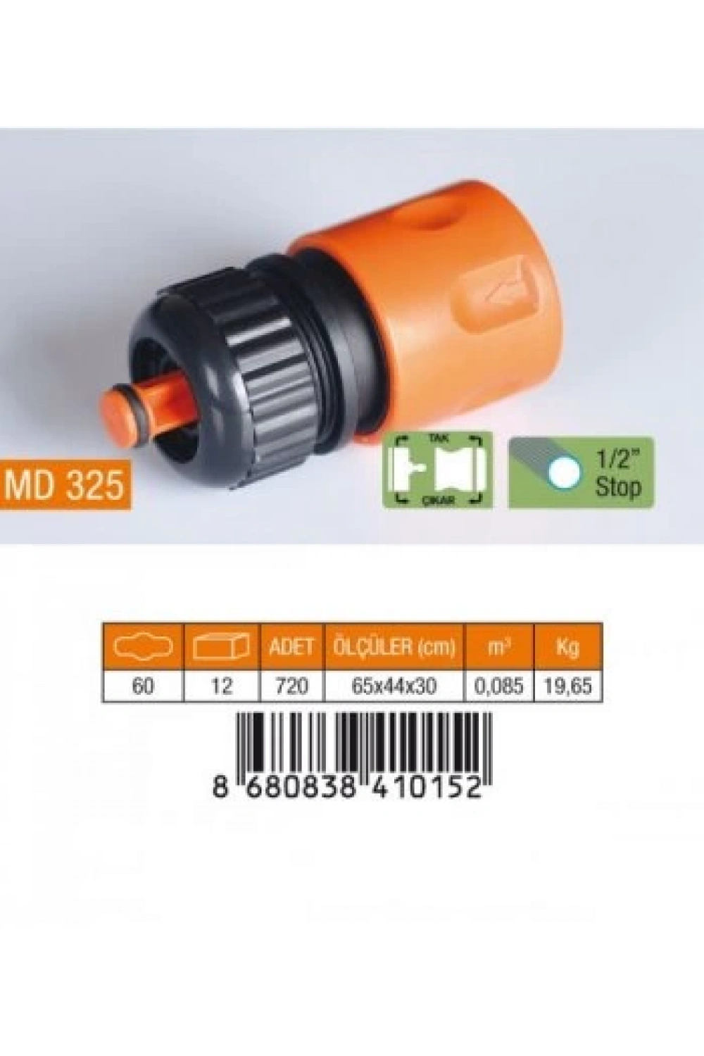 Medalyan Md-325 ( 1/2 ) Hortum Bağlantı Adaptörü ( Stoplu )*60x12