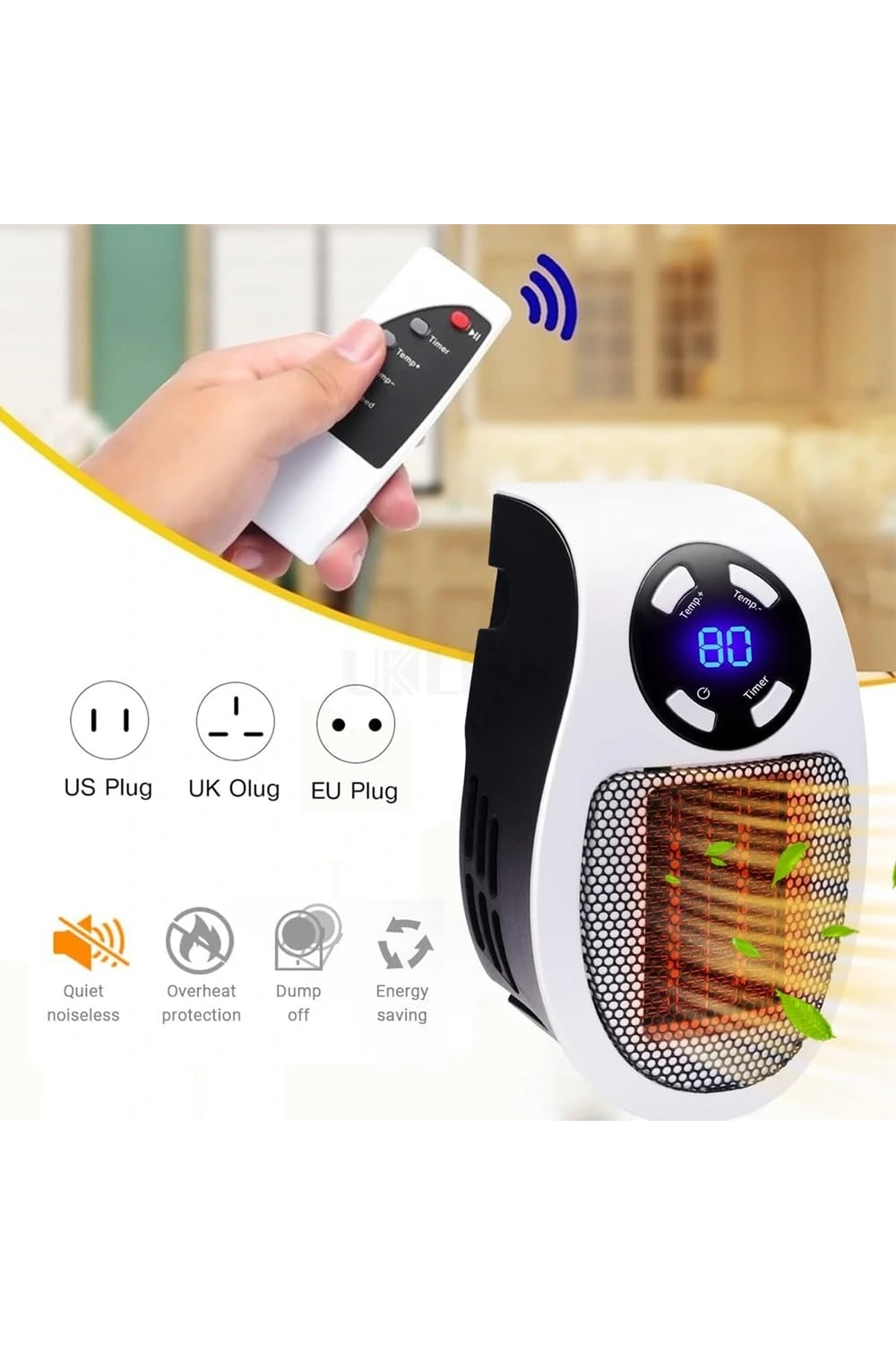 Priz Tipi Uzaktan Kumandalı Taşınabilir Isıtıcı Zamanlayıcı - Otomatik Kapanma 500w