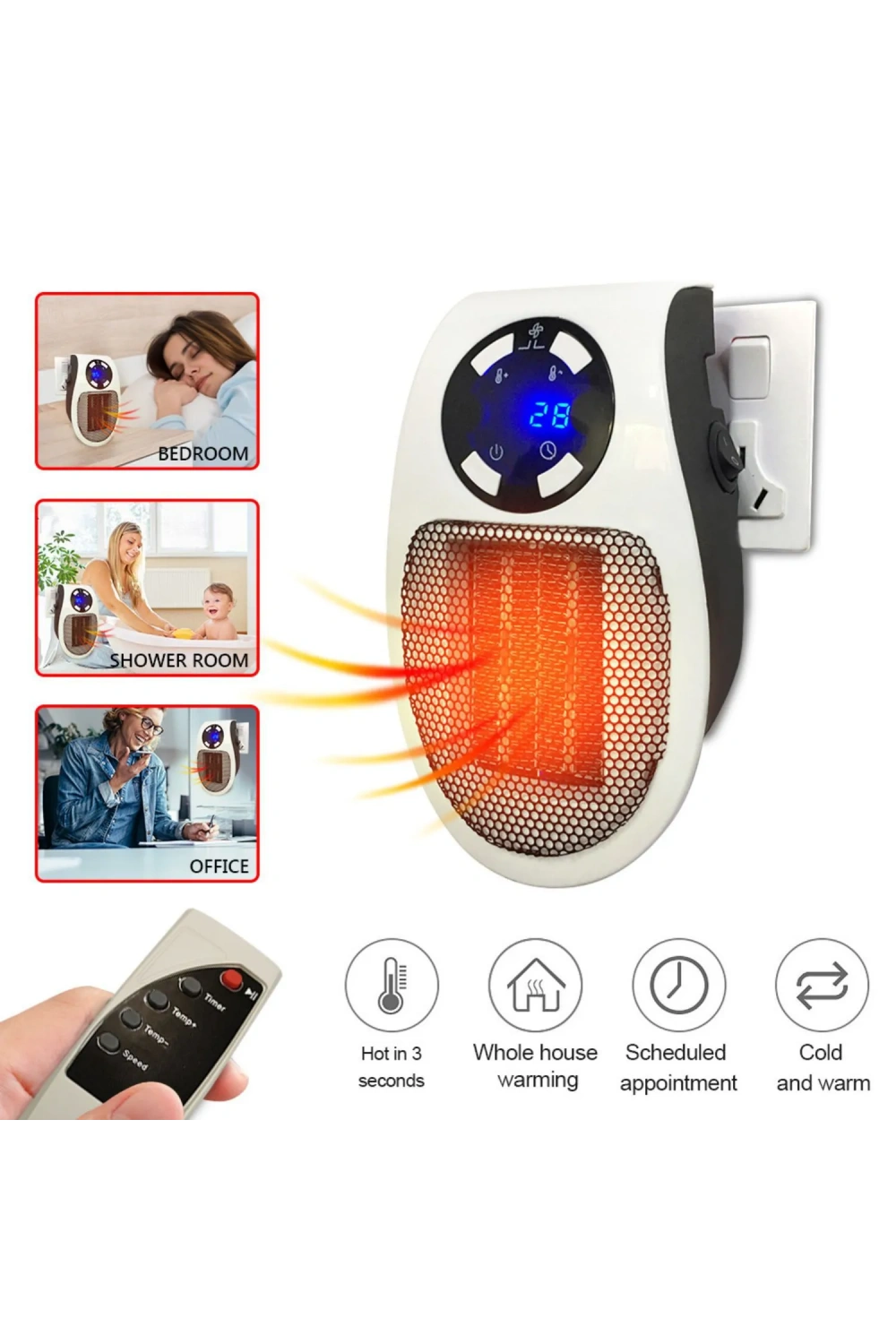 Priz Tipi Uzaktan Kumandalı Taşınabilir Isıtıcı Zamanlayıcı - Otomatik Kapanma 500w