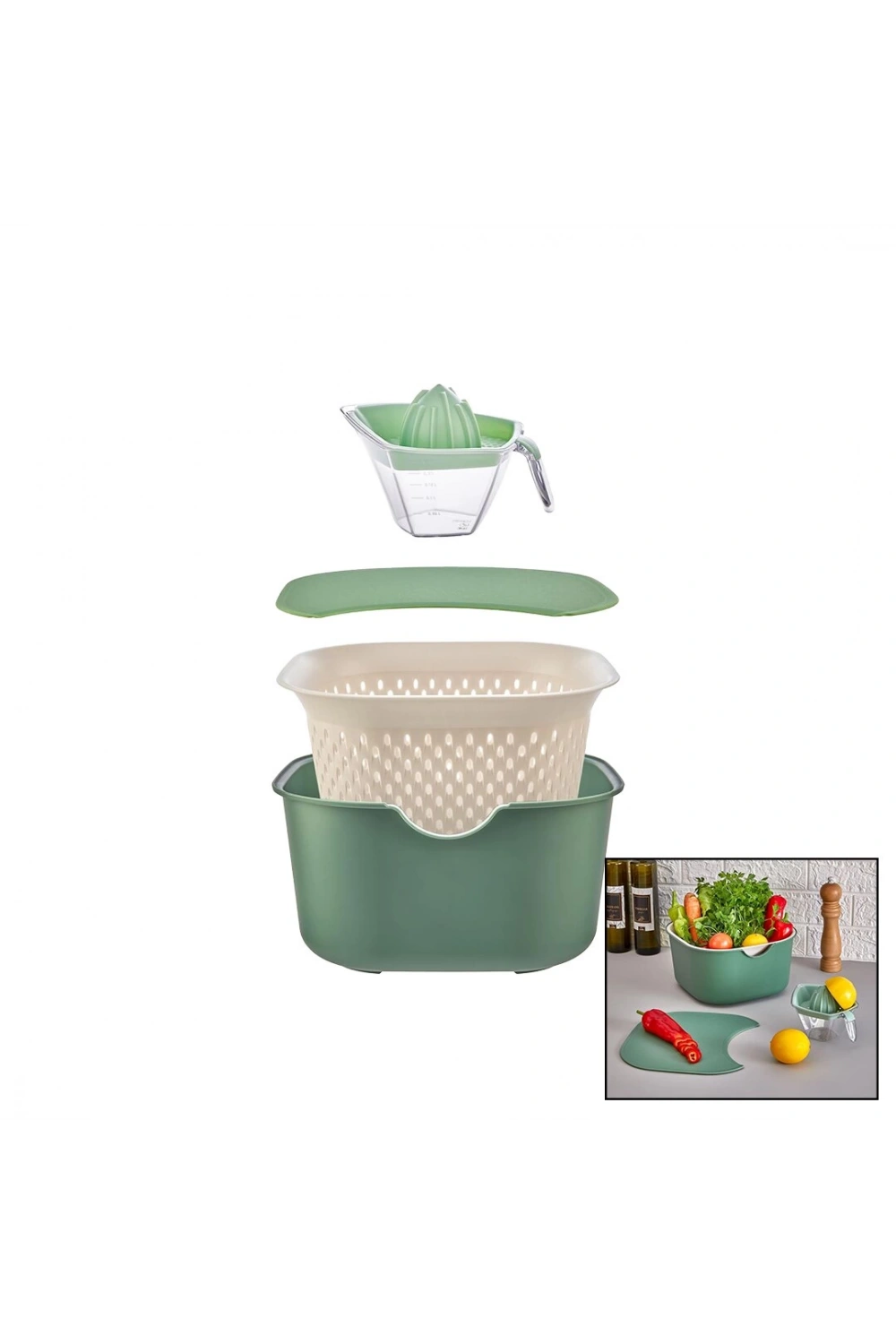 Moi Plastik Mnt-1005 (yeşil) (5pcs) Mutfak Seti Pls.(karıştırma Kap=4lt & Süzgeç=3.5lt & Kesim Pano & Sıkacak=0.25lt)*16