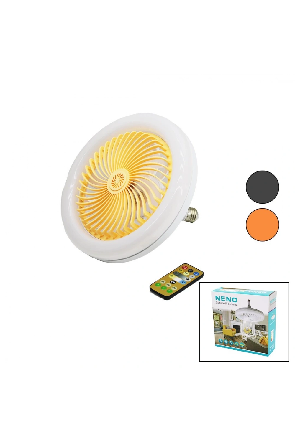 Neno ( Pervaneli ) (3 Renk Ledli) (kumandalı & Vantilatör) Lamba Ampul ( Oynar Başlı Duy ) (çap:15cm) ( 6500lumen & 3200k )*24